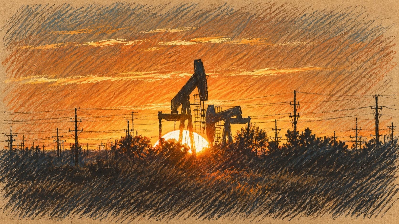 Courtroom-sketch editorial illustration of an archival contextual silhouette of two pump jacks at sunset near Midland, Texas, with utility poles and low vegetation along the horizon; it does not depict Bolivia or the September 2026 diesel-subsidy announcement, rendered in warm ochre and slate-blue pastel strokes.