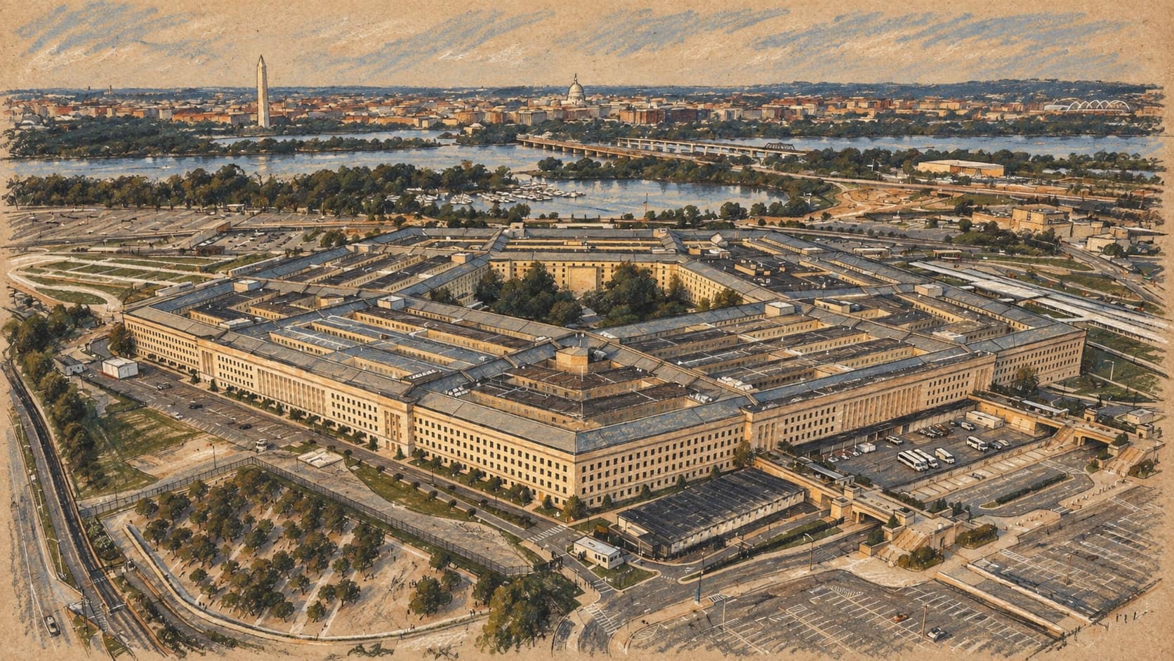 Courtroom-sketch editorial illustration of an archival contextual aerial view of the Pentagon, its central courtyard, surrounding roads and parking areas, the Potomac River, and the distant Washington skyline; it does not depict the September 2026 war-cost estimate, rendered in warm ochre and slate-blue pastel strokes.