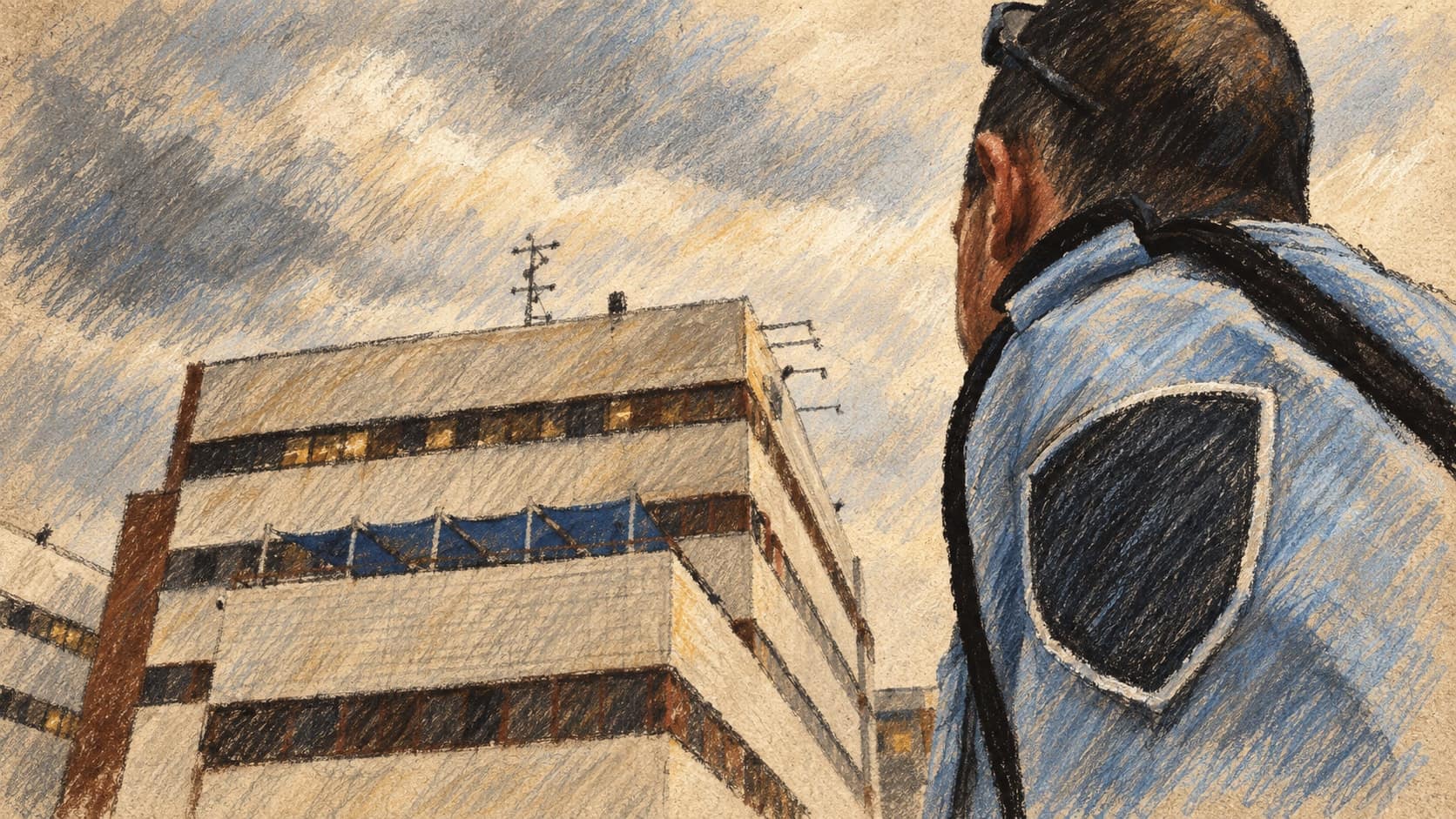 Courtroom-sketch editorial illustration of an archival contextual Israeli police officer seen from behind outside the Lahav 433 headquarters in Lod; it does not depict the September 2026 East Jerusalem investigation, the unidentified woman, or the suspect's arrest, rendered in warm ochre and slate-blue pastel strokes.