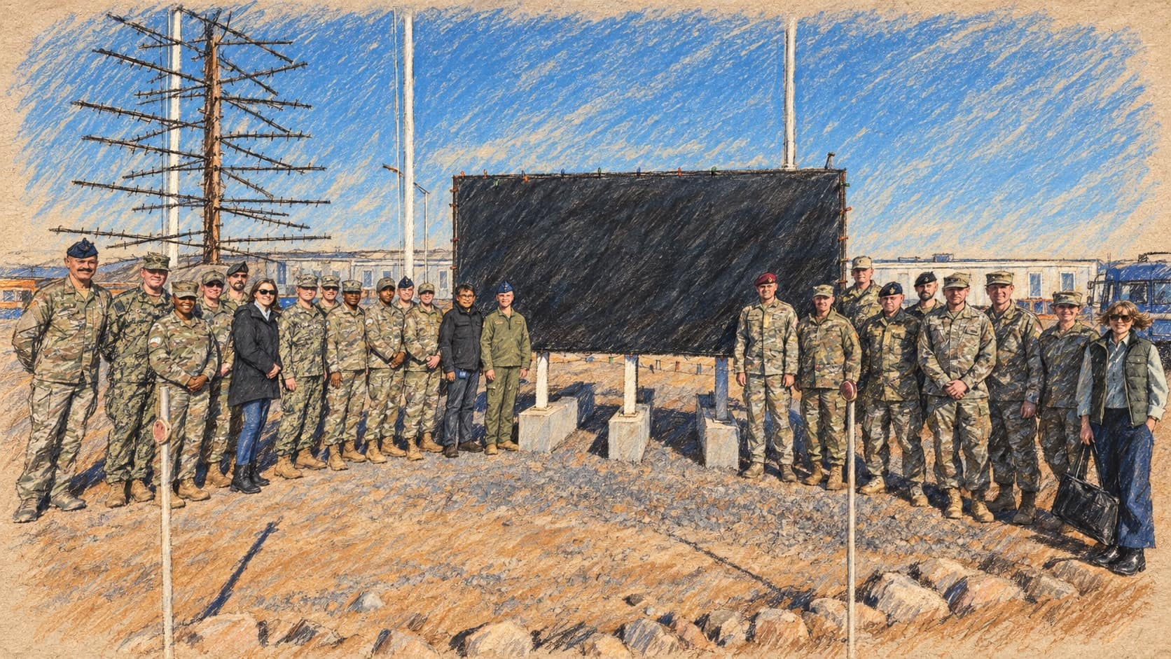 Courtroom-sketch editorial illustration of an archival contextual group of dignitaries and uniformed personnel from Greenland, Denmark, the United States and Canada standing outside the headquarters at Pituffik Space Base; it does not depict the September 2026 agreement or its signing, rendered in warm ochre and slate-blue pastel strokes.