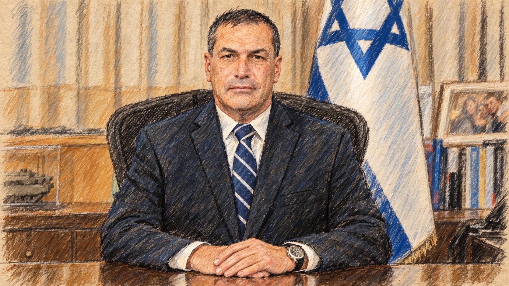 Courtroom-sketch editorial illustration of an archival portrait of IDF Chief of Staff Eyal Zamir seated behind a desk with an Israeli flag and office backdrop; it predates and does not depict the 2026 Yom Kippur deployment order, rendered in warm ochre and slate-blue pastel strokes.