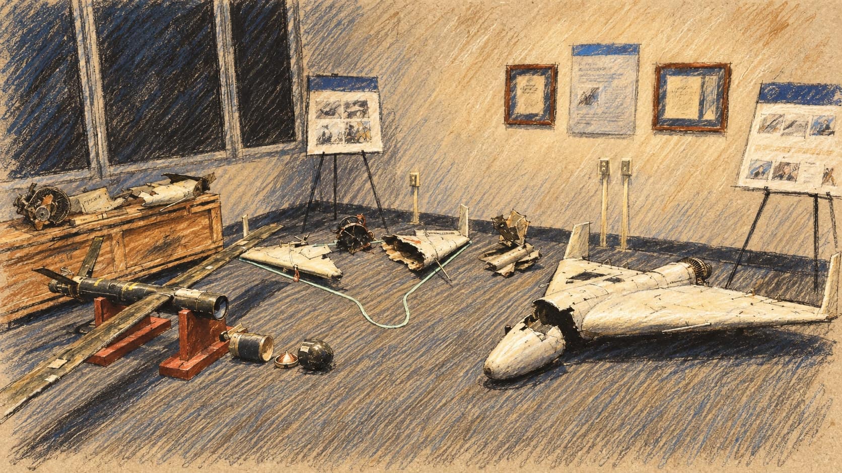 Courtroom-sketch editorial illustration of an archival contextual display of three recovered Iranian-made Shahed drones and scattered components on a carpeted exhibit floor; it does not depict the September 2026 Basij mobilization drill, rendered in warm ochre and slate-blue pastel strokes.