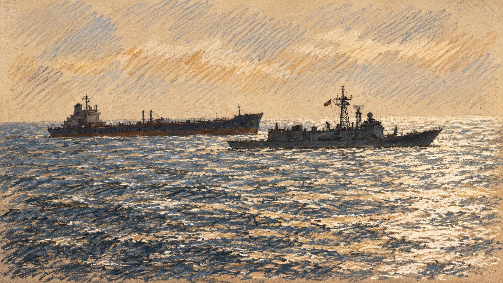 Courtroom-sketch editorial illustration of a long oil tanker and a naval escort ship underway side by side on a sunlit sea, rendered in warm ochre and slate-blue pastel strokes.