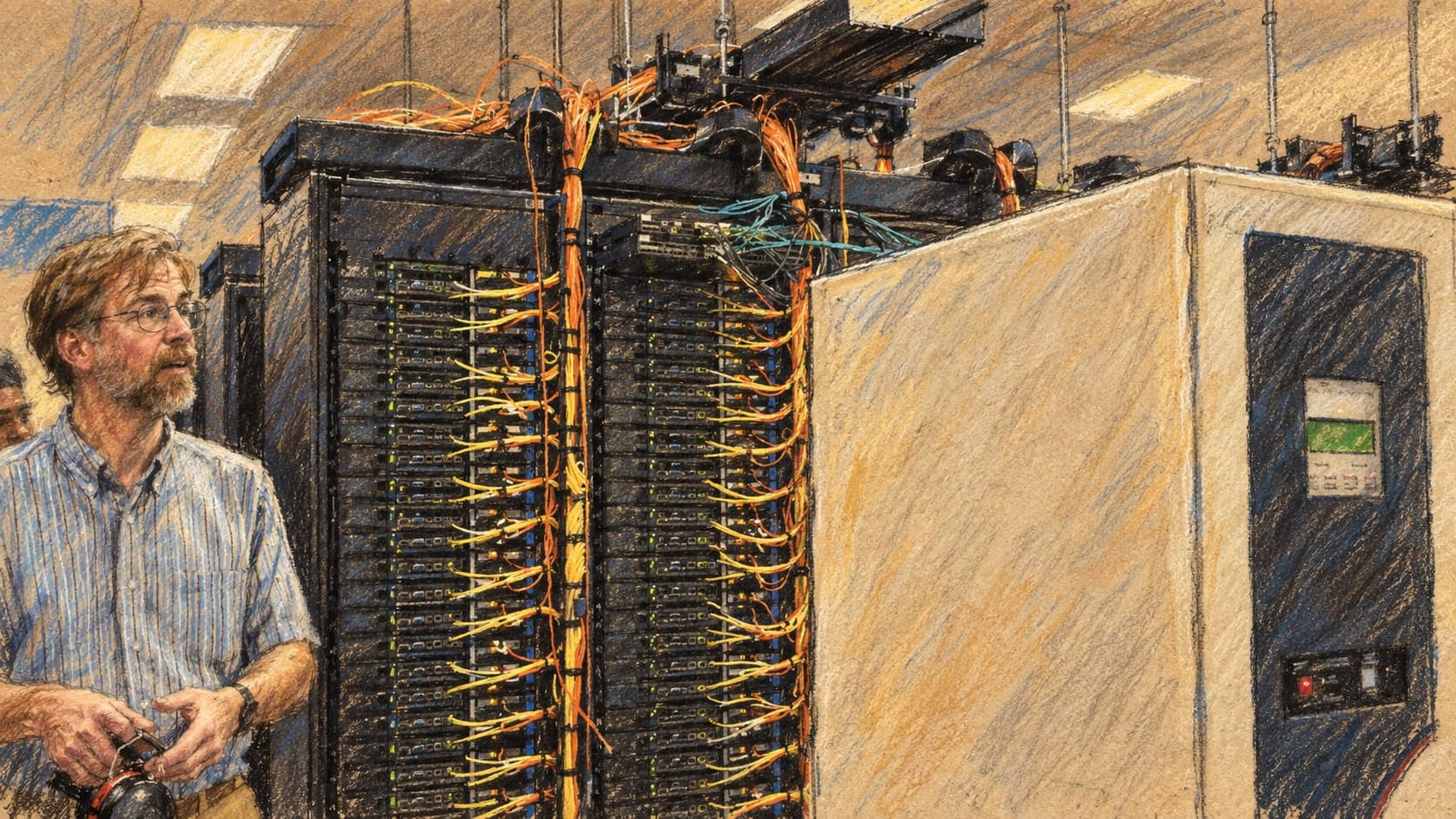 Courtroom-sketch editorial illustration of an archival contextual data-center interior with a man beside network racks, dense cabling, and a power-management cabinet; it does not depict the September 2026 French government meeting or an attack, rendered in warm ochre and slate-blue pastel strokes.