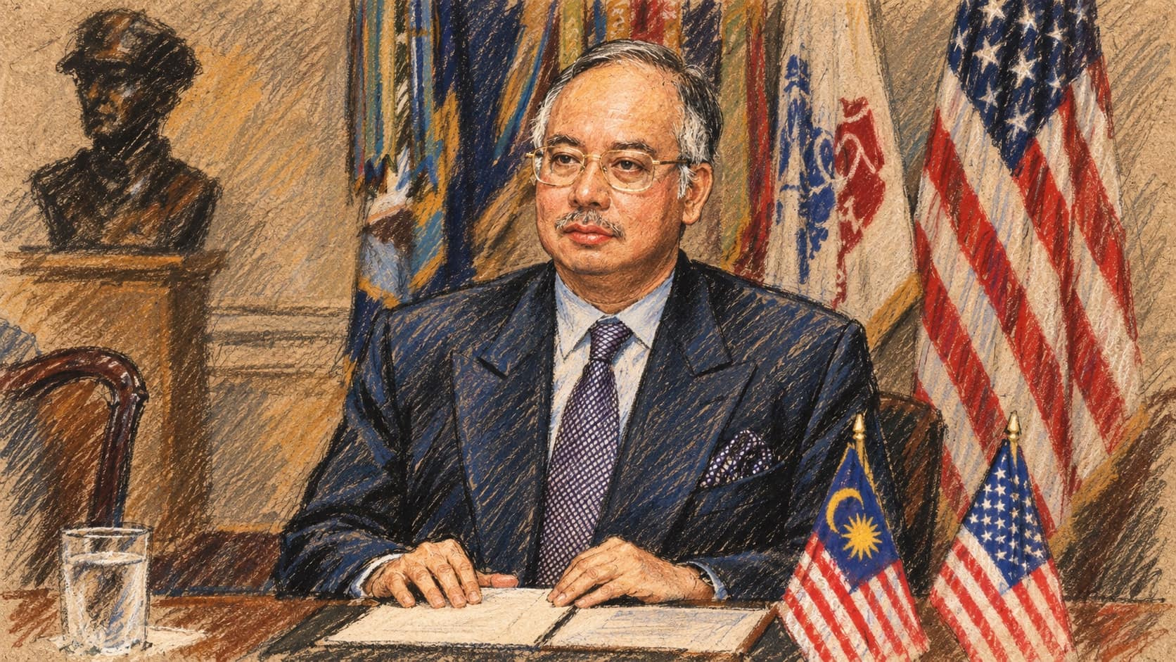 Courtroom-sketch editorial illustration of an archival contextual portrait of Najib Razak seated at a Pentagon defense meeting; it does not depict the 2026 conditional pardon, rendered in warm ochre and slate-blue pastel strokes.