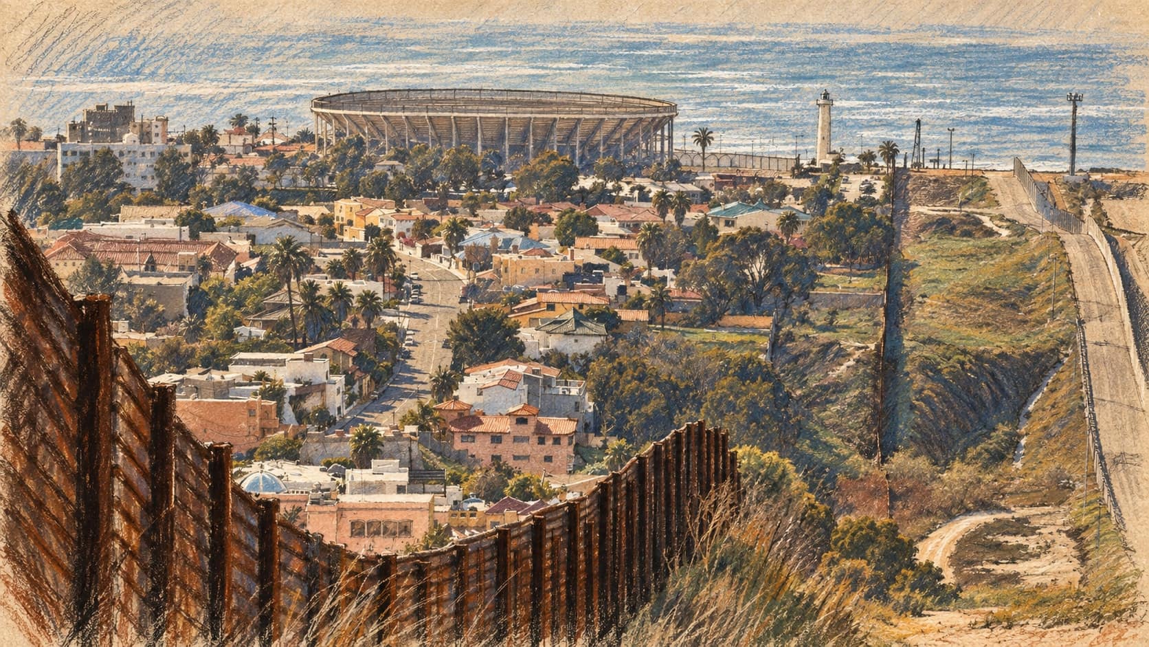 Courtroom-sketch editorial illustration of an archival contextual view along the Tijuana border fence toward city homes, a circular arena, a patrol road, and the Pacific Ocean; it does not depict the 2026 drone interdiction, rendered in warm ochre and slate-blue pastel strokes.