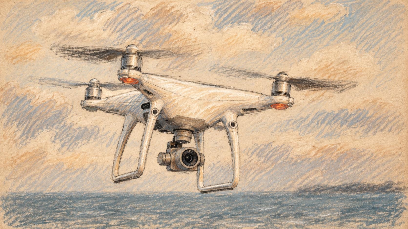 Courtroom-sketch editorial illustration of an archival contextual camera quadcopter in flight above a blurred water horizon; it does not depict Operation Aguila Alta or the four reported aircraft, rendered in warm ochre and slate-blue pastel strokes.