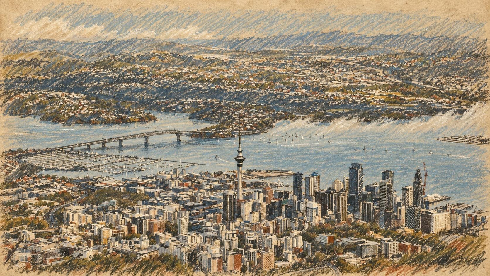 Courtroom-sketch editorial illustration of central Auckland's skyline and Sky Tower beside Waitematā Harbour, with Auckland Harbour Bridge and urban neighbourhoods extending toward the horizon, rendered in warm ochre and slate-blue pastel strokes.