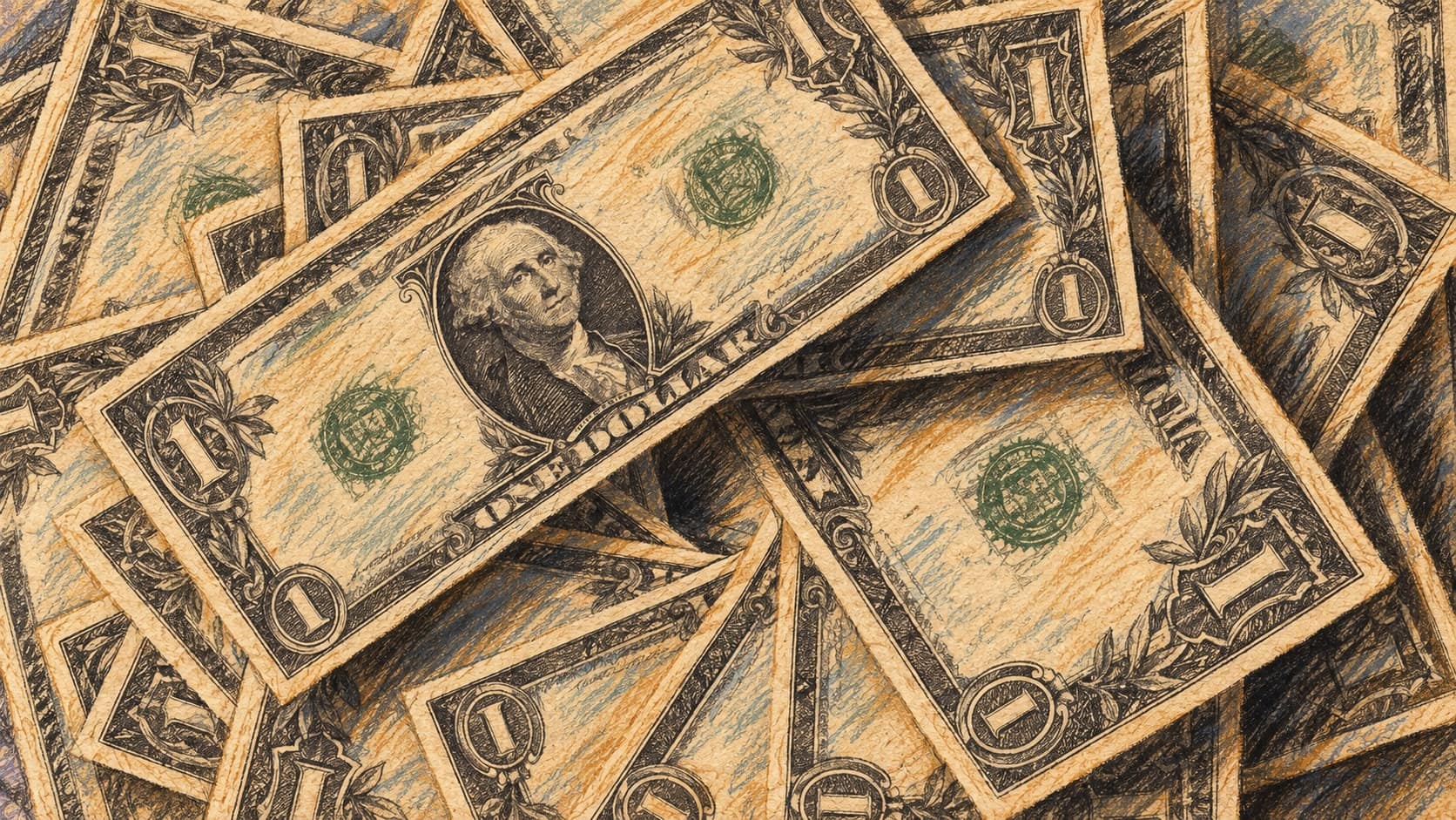 Courtroom-sketch editorial illustration of archival contextual U.S. one-dollar notes overlapping in a dense pile; it does not depict Peru's central bank or the September 2026 forecast announcement, rendered in warm ochre and slate-blue pastel strokes.