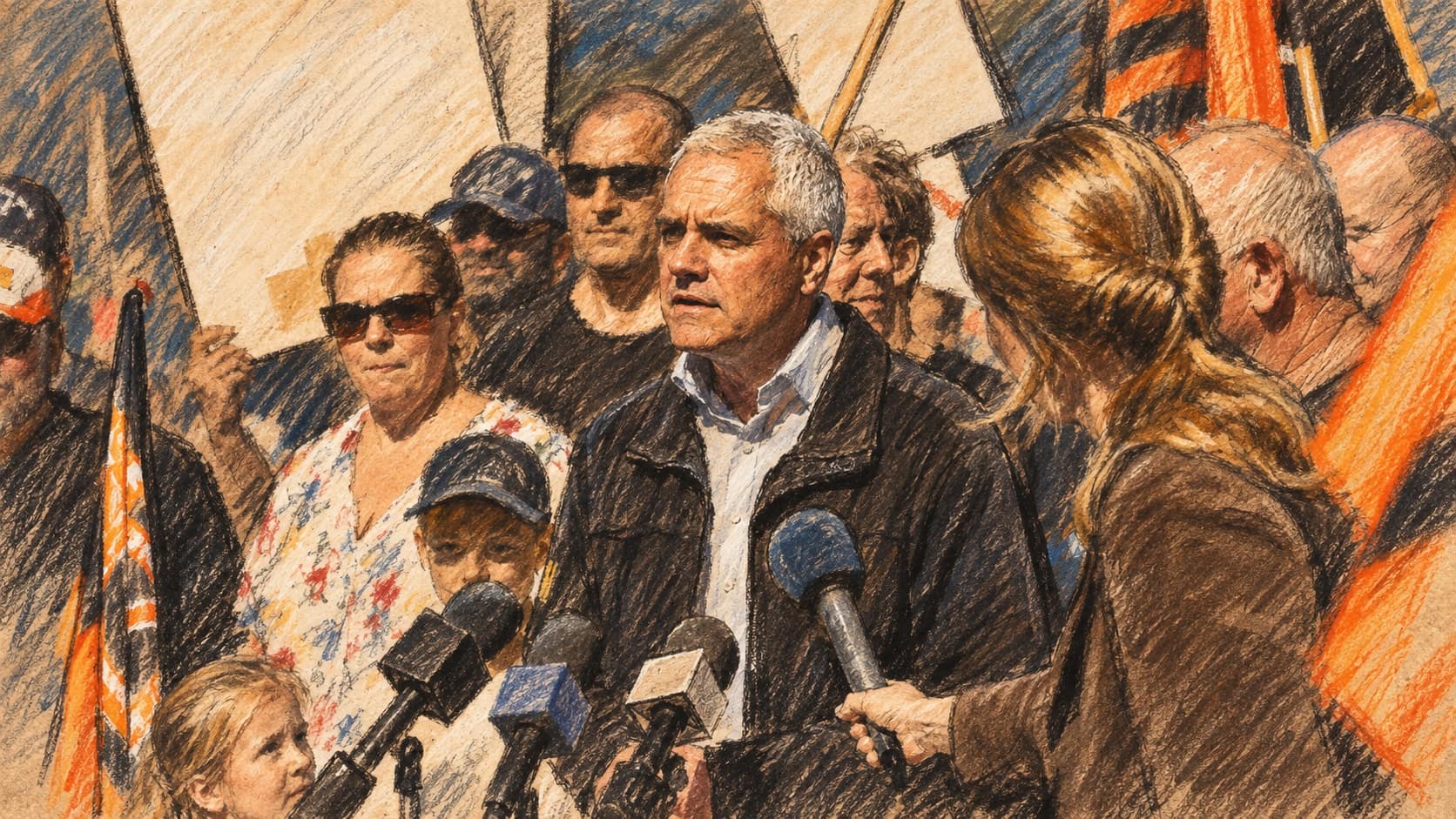 Courtroom-sketch editorial illustration of a union official addressing clustered reporters and microphones at an outdoor workers' rally, surrounded by workers and flags, rendered in warm ochre and slate-blue pastel strokes.