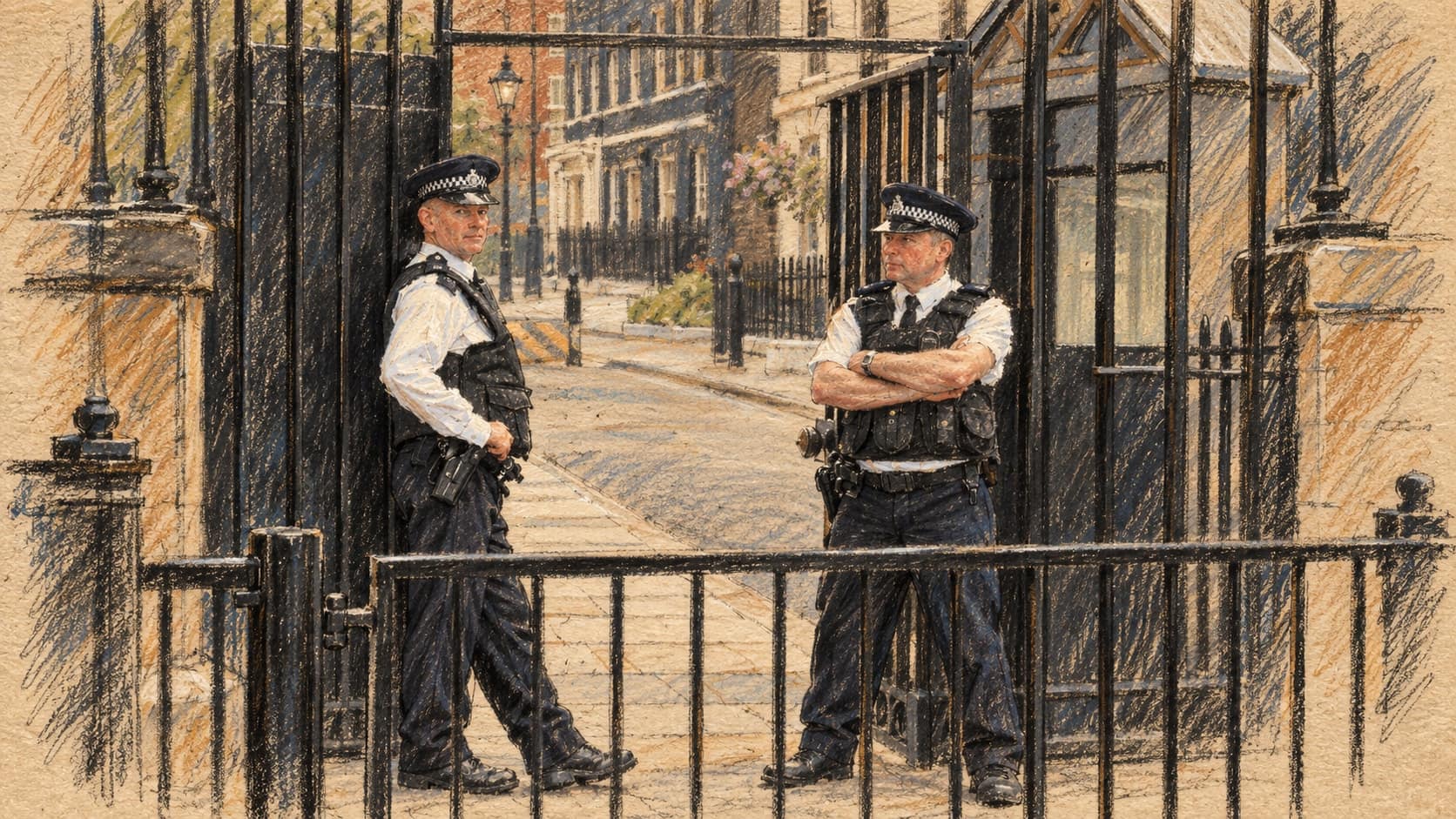 Courtroom-sketch editorial illustration of an archival contextual scene of two uniformed police officers standing at a black metal gate; it does not depict the 2026 Libode shop attack, rendered in warm ochre and slate-blue pastel strokes.