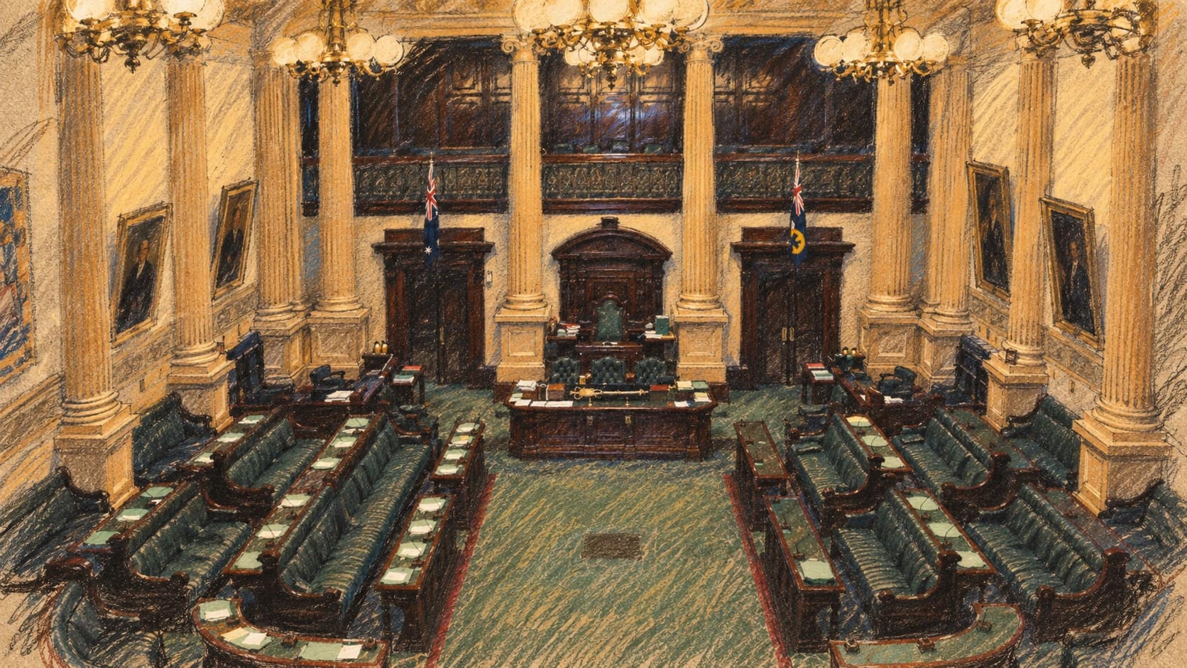 Courtroom-sketch editorial illustration of an archival contextual elevated view into the empty South Australian House of Assembly chamber in Adelaide, with curved green benches, a central aisle, tall cream columns and dark wood paneling; it does not depict Alex Antic or the September 2026 Liberal Party state presidency election, rendered in warm ochre and slate-blue pastel strokes.