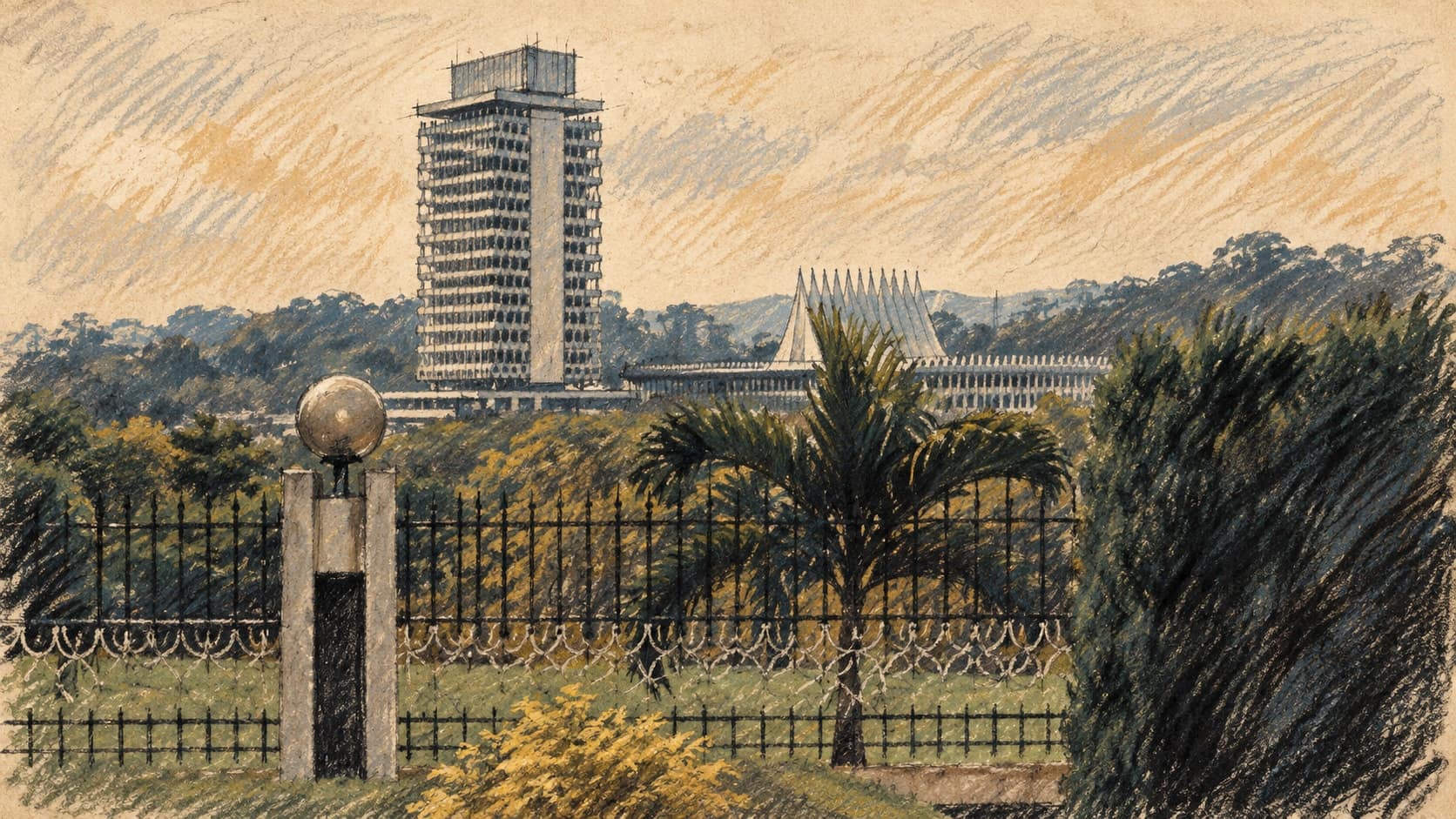 Courtroom-sketch editorial illustration of an archival contextual view of Malaysia's Parliament Buildings in Kuala Lumpur; it does not depict Anthony Loke or the September 2026 resignation offer, rendered in warm ochre and slate-blue pastel strokes.