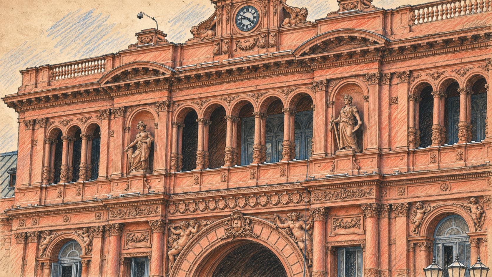 Courtroom-sketch editorial illustration of an archival contextual view of the Casa Rosada facade at Plaza de Mayo in Buenos Aires; it does not depict the September 2026 Marcha de la Bronca protest, rendered in warm ochre and slate-blue pastel strokes.