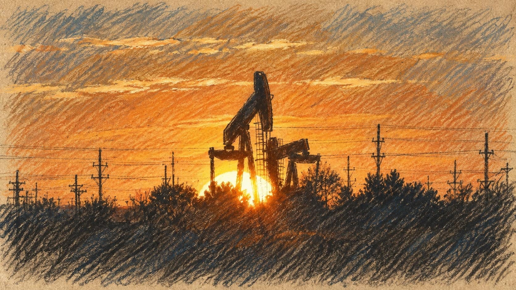 Courtroom-sketch editorial illustration of an archival contextual silhouette of two pump jacks at sunset near Midland, Texas, with utility poles and low vegetation along the horizon; it does not depict Australia or the September 2026 fuel-reserve policy extension, rendered in warm ochre and slate-blue pastel strokes.