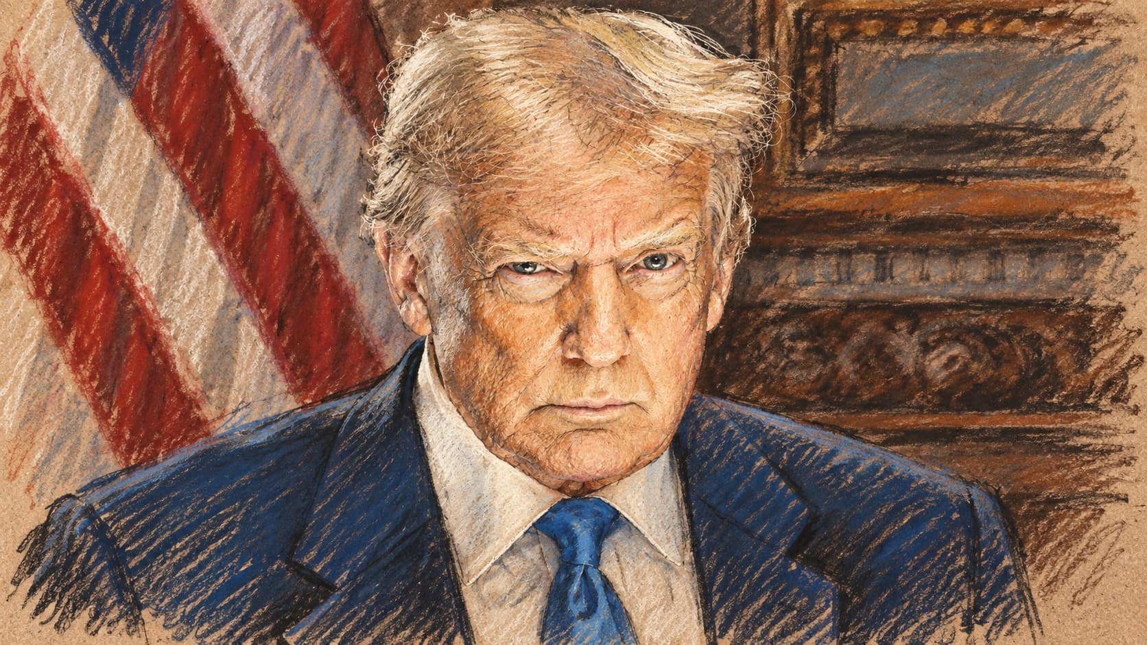 Courtroom-sketch editorial illustration of an archival official portrait of President Donald Trump in a blue suit before a United States flag and dark wooden interior; it does not depict the September 2026 credential deactivations or reporters being denied White House entry, rendered in warm ochre and slate-blue pastel strokes.