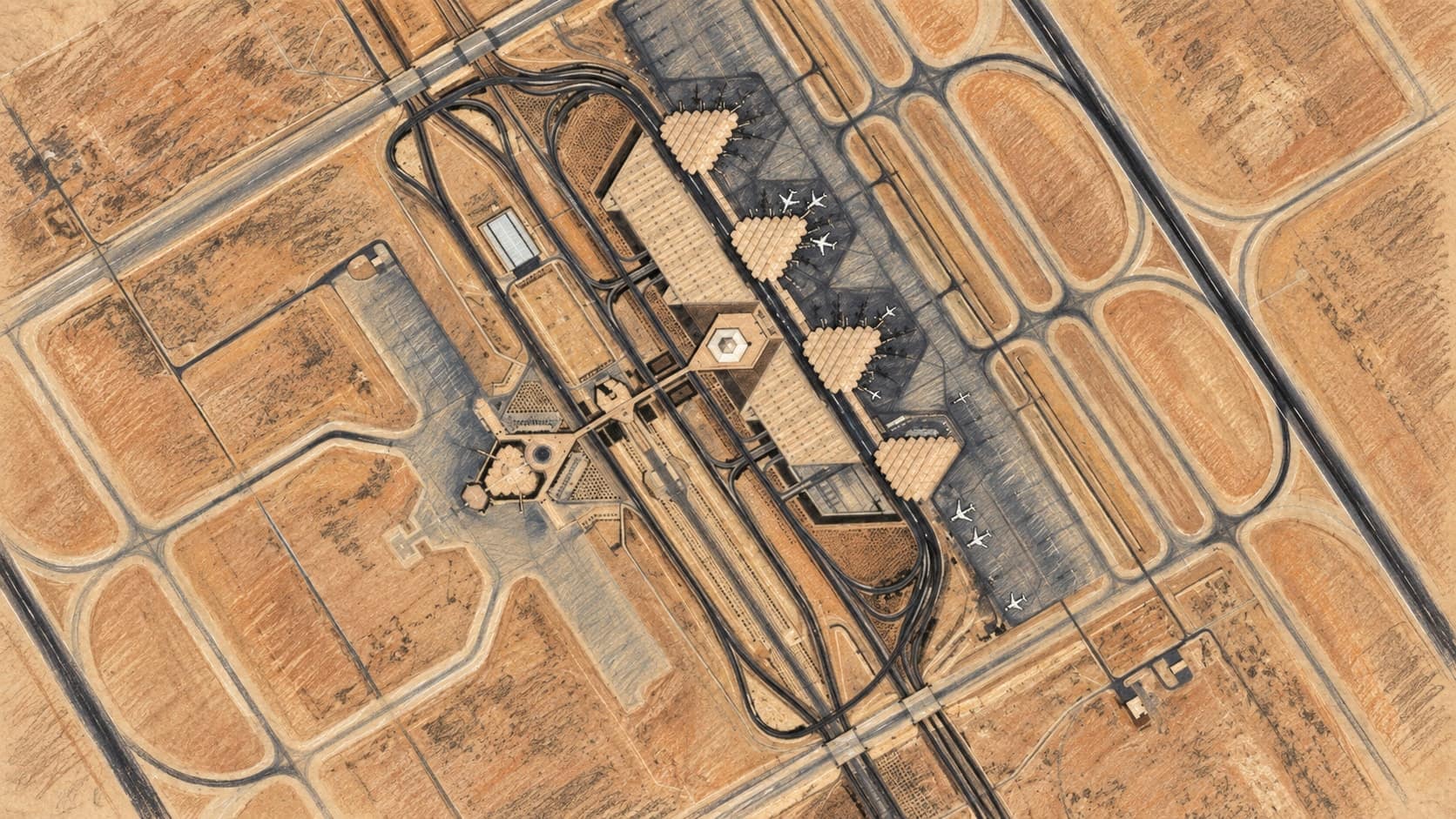 Courtroom-sketch editorial illustration of an archival overhead satellite view of King Khalid International Airport in Riyadh; it does not depict the September 2026 alert, reported flames or smoke, or their cause, rendered in warm ochre and slate-blue pastel strokes.