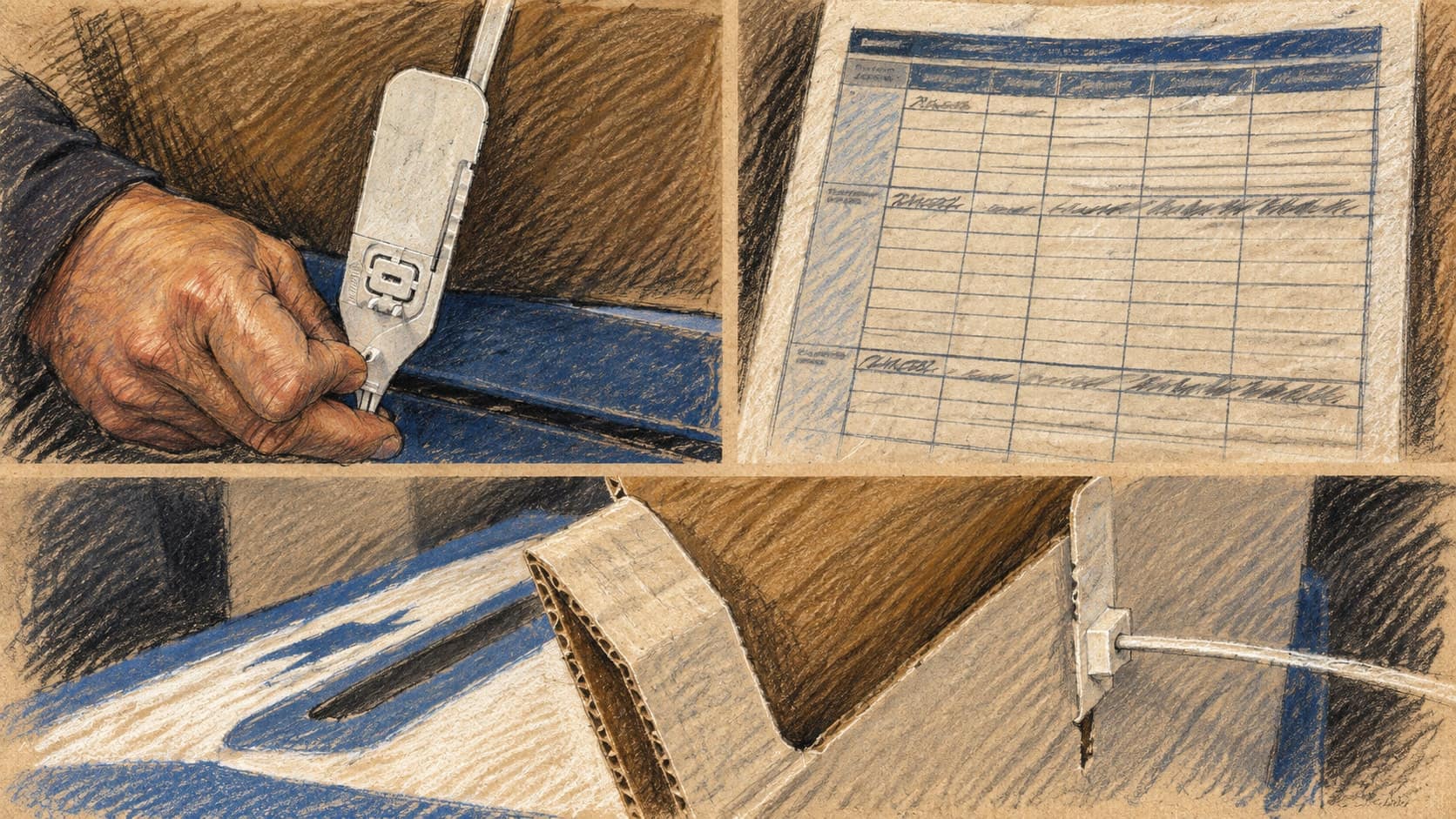 Courtroom-sketch editorial illustration of an archival election-process collage showing a hand securing a ballot-box seal, a tally form and a sealed cardboard ballot box; it does not depict Gombe or the September 2026 by-election, rendered in warm ochre and slate-blue pastel strokes.