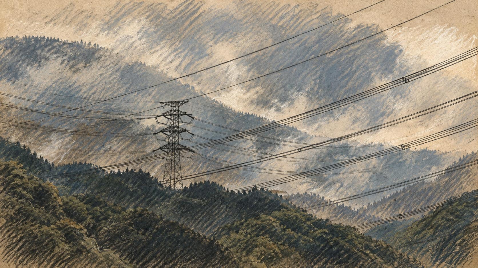 Courtroom-sketch editorial illustration of an archival contextual transmission tower and multiple power lines crossing misty wooded hills; it does not depict Havana, the September 2026 grid disconnection, or the restoration operation, rendered in warm ochre and slate-blue pastel strokes.