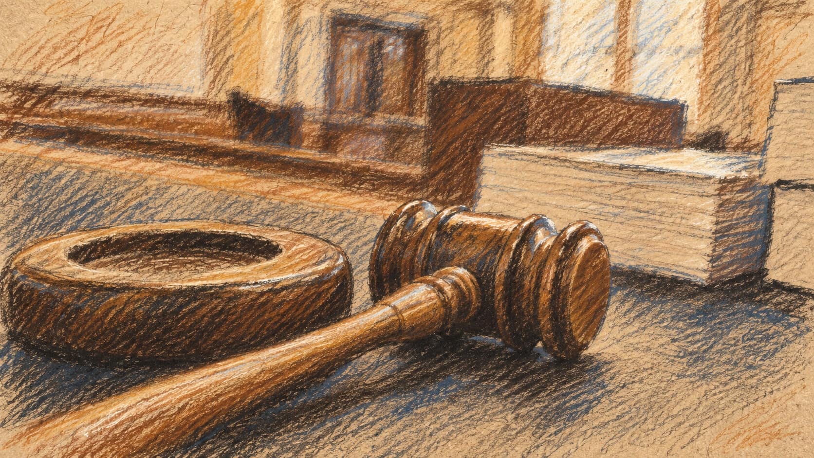 Courtroom-sketch editorial illustration of a wooden gavel beside a round sounding block and blurred paper stacks; symbolic legal context that does not depict President Herzog's September 2026 decision or a specific Israeli court, rendered in warm ochre and slate-blue pastel strokes.