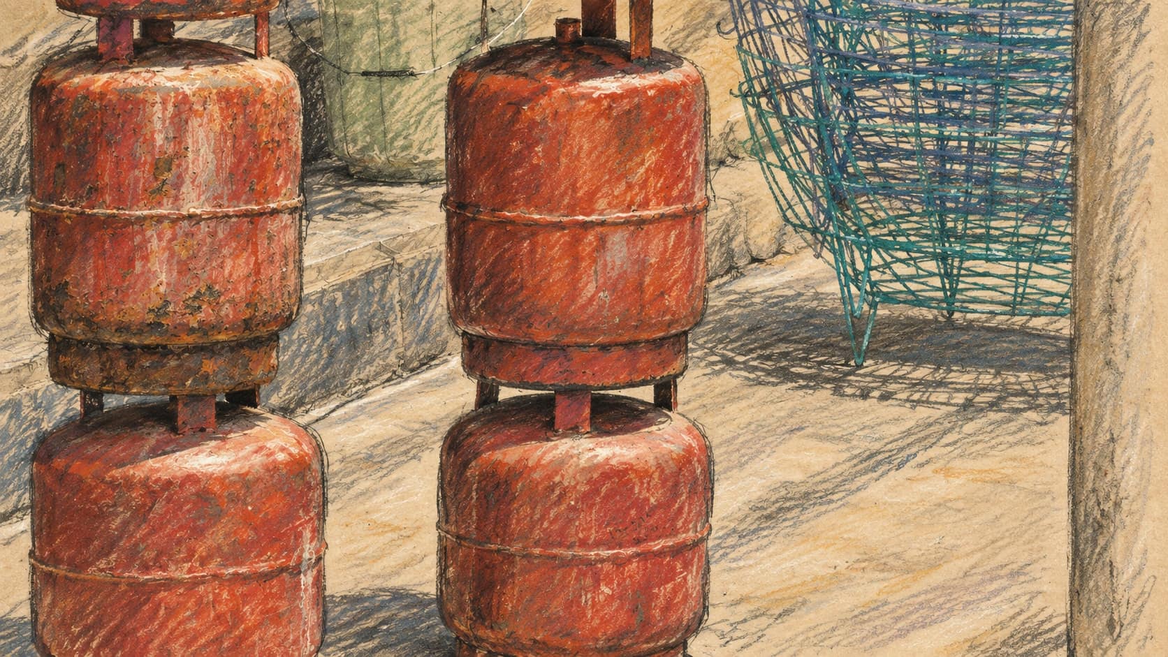 Courtroom-sketch editorial illustration of four red LPG cylinders arranged in two stacks with a pale-green cylinder and wire baskets behind them in an archival contextual scene from India; it does not depict the September 2026 Aadhaar-authentication policy announcement or a refill transaction, rendered in warm ochre and slate-blue pastel strokes.