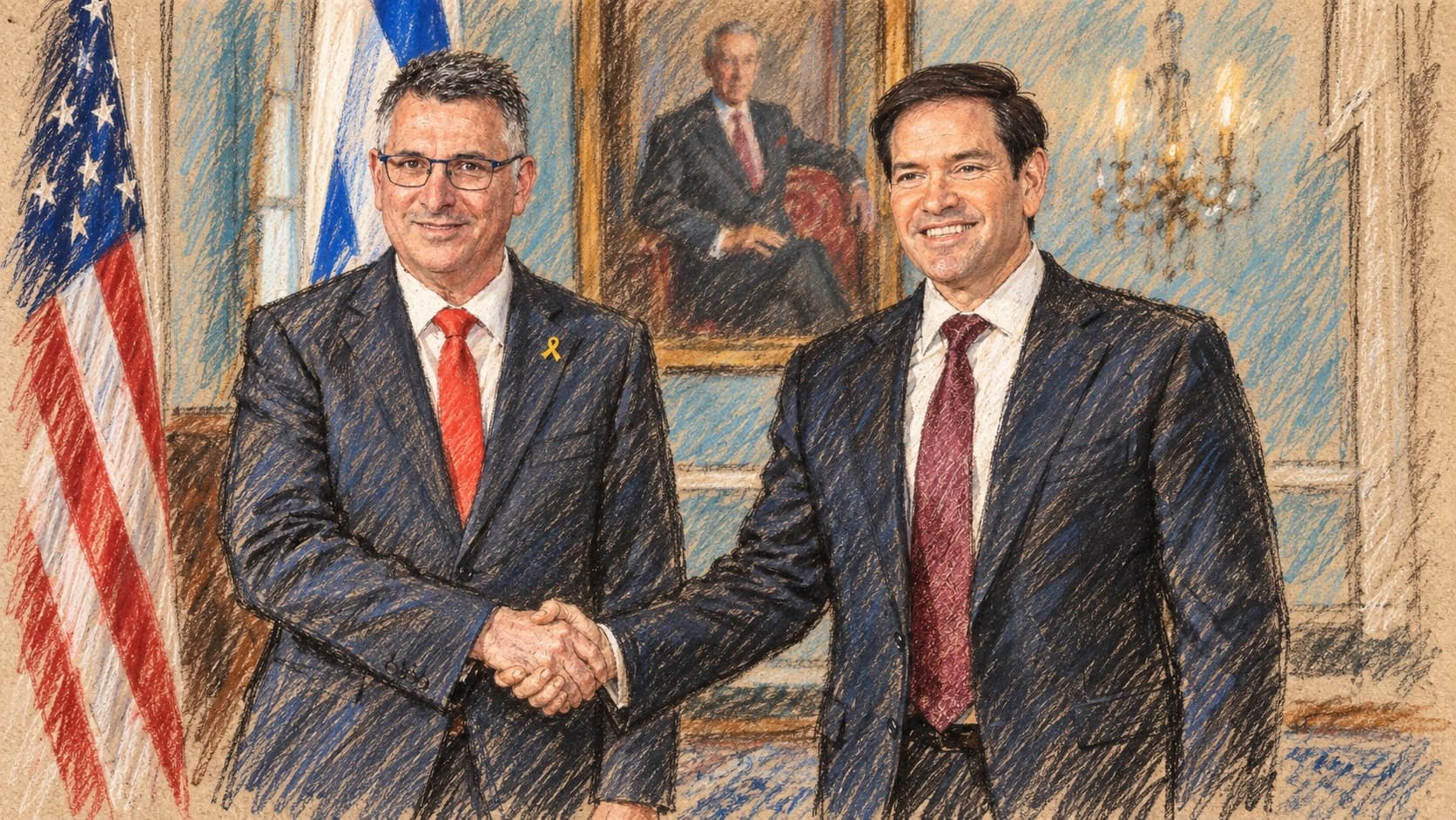 Courtroom-sketch editorial illustration of an archival December 2025 meeting between Israeli Foreign Minister Gideon Sa’ar and U.S. Secretary of State Marco Rubio at the State Department; it does not depict the September 2026 UK-Israel exchange, rendered in warm ochre and slate-blue pastel strokes.