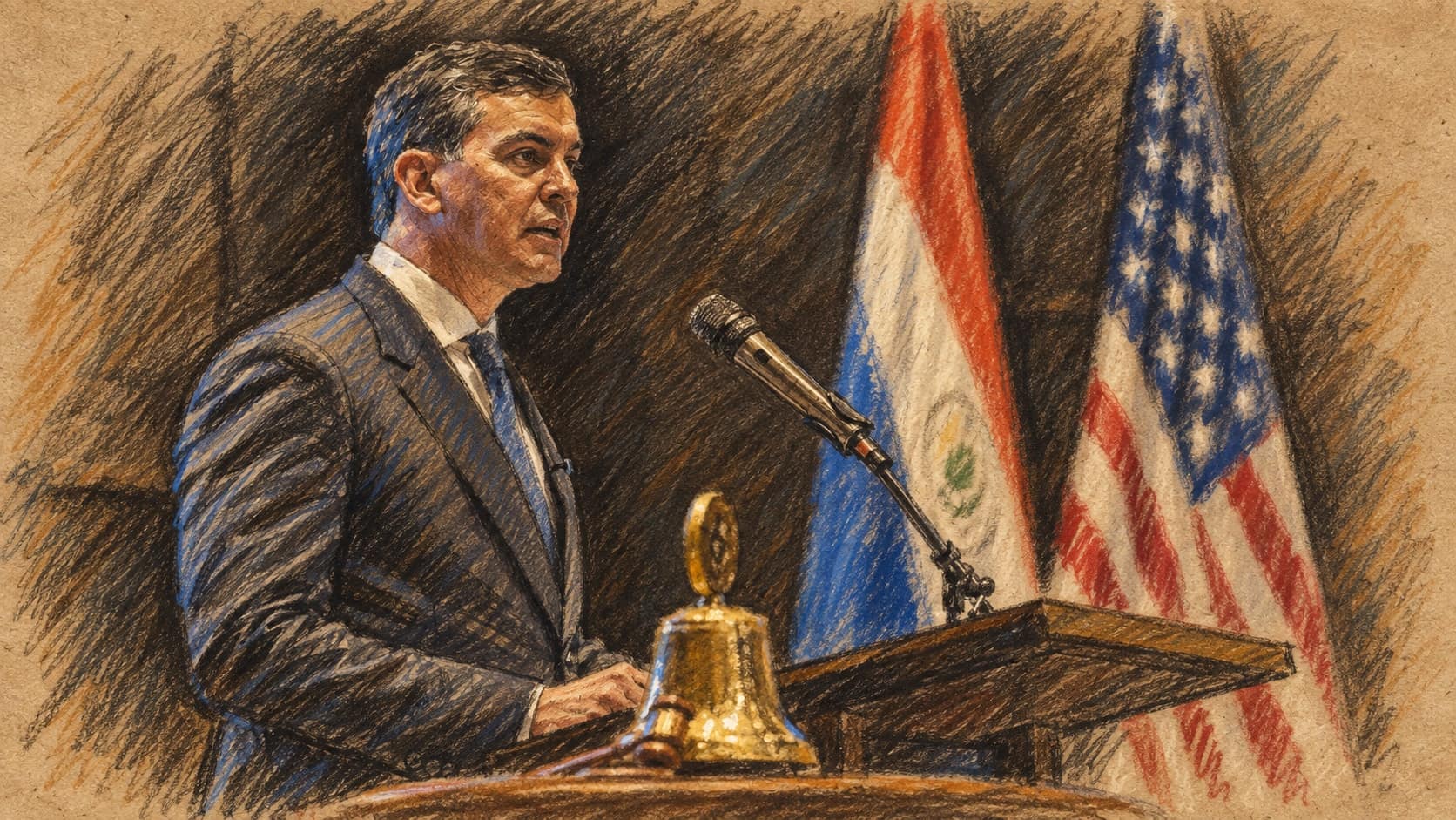 Courtroom-sketch editorial illustration of Paraguay's President Santiago Peña delivering remarks at a lectern with Paraguayan and United States flags behind him during an archival June 2025 event in Asunción; it does not depict the September 2026 Caracas signing, rendered in warm ochre and slate-blue pastel strokes.