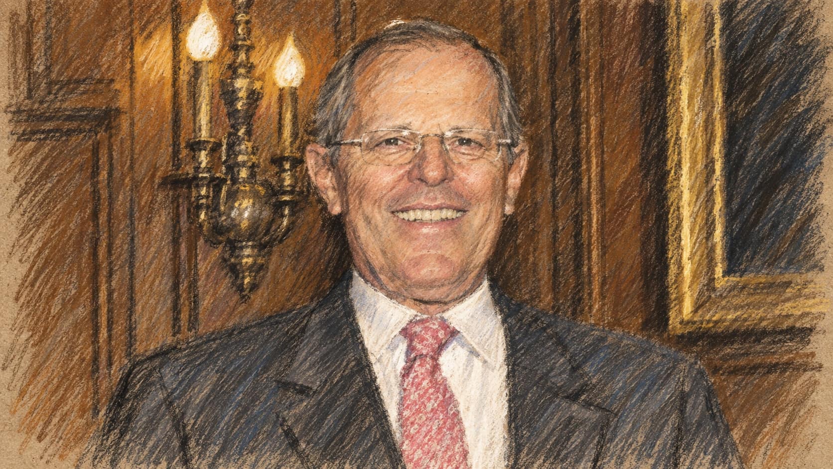 Courtroom-sketch editorial illustration of an archival 2006 portrait of former Peruvian president Pedro Pablo Kuczynski smiling in a suit and red tie; it does not depict the September 2026 court proceeding, rendered in warm ochre and slate-blue pastel strokes.