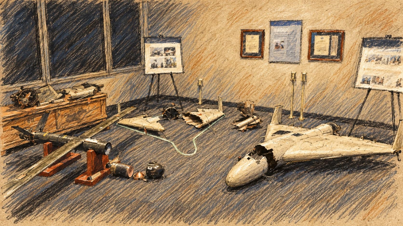 Courtroom-sketch editorial illustration of an archival contextual indoor display of Iranian-made Shahed drones and recovered drone remnants; it does not depict the September 2026 Kharkiv strikes, rendered in warm ochre and slate-blue pastel strokes.
