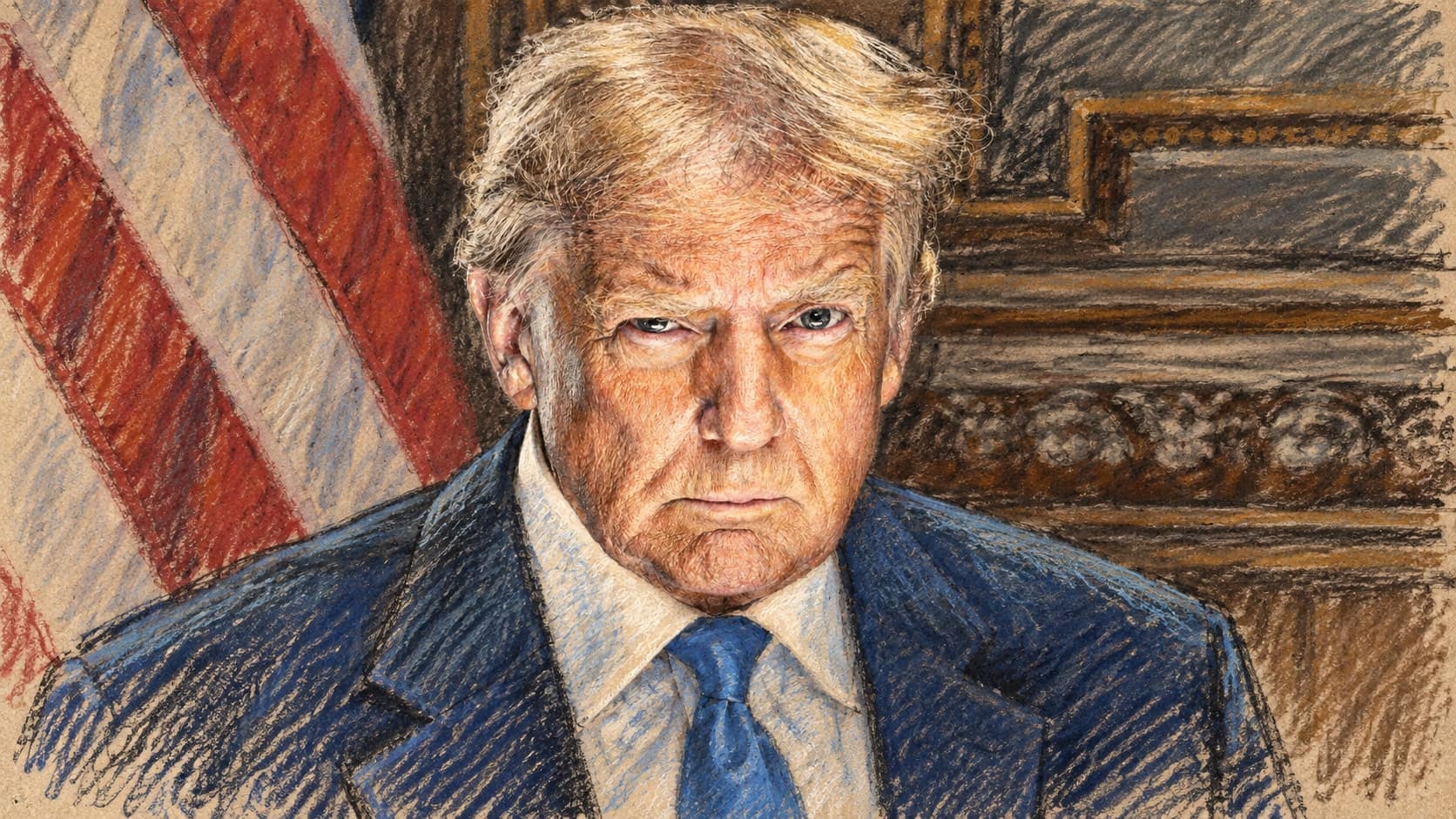 Courtroom-sketch editorial illustration of an archival contextual official portrait of Donald Trump facing the viewer in a blue suit and tie, with a U.S. flag and dark wood furnishings behind him; it does not depict the September 2026 signing event, rendered in warm ochre and slate-blue pastel strokes.