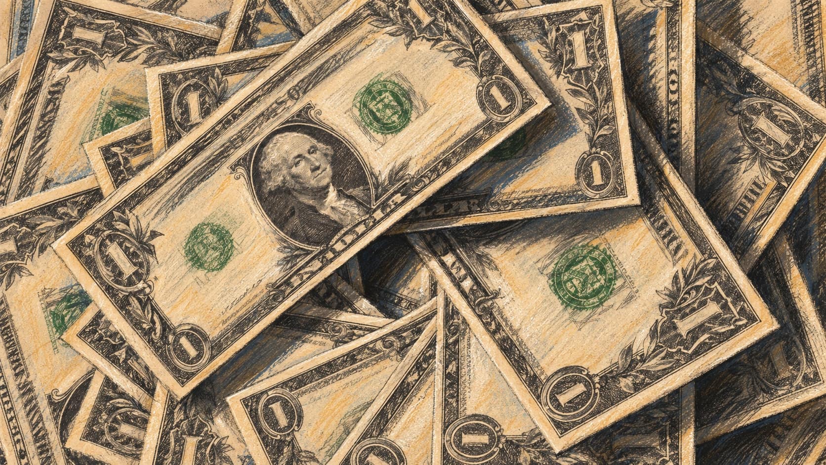 Courtroom-sketch editorial illustration of archival contextual overlapping stacks of United States one-dollar bills viewed close-up from above; it does not depict Bank Mellat, its Istanbul branch, Türkiye's Banking Regulation and Supervision Agency, or the September 2026 operating-license revocation, rendered in warm ochre and slate-blue pastel strokes.