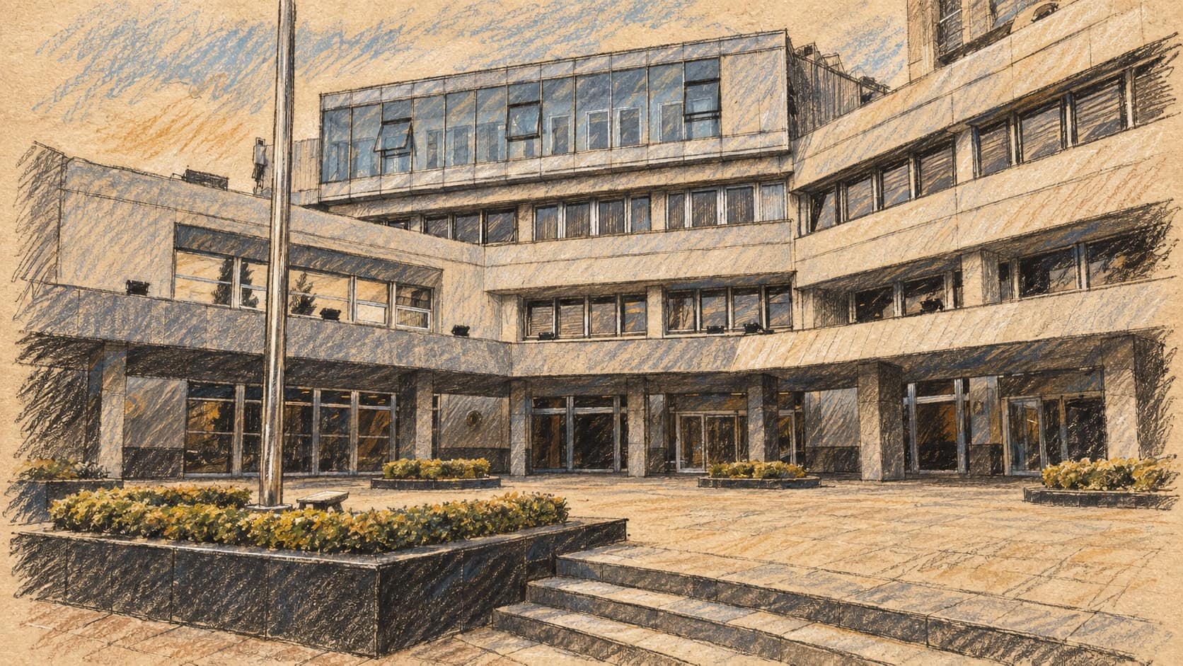 Courtroom-sketch editorial illustration of an archival contextual view of Türkiye's Ministry of Foreign Affairs building and empty forecourt; it does not depict the September 2026 Saudi-Pakistani-Turkish talks or military activity, rendered in warm ochre and slate-blue pastel strokes.