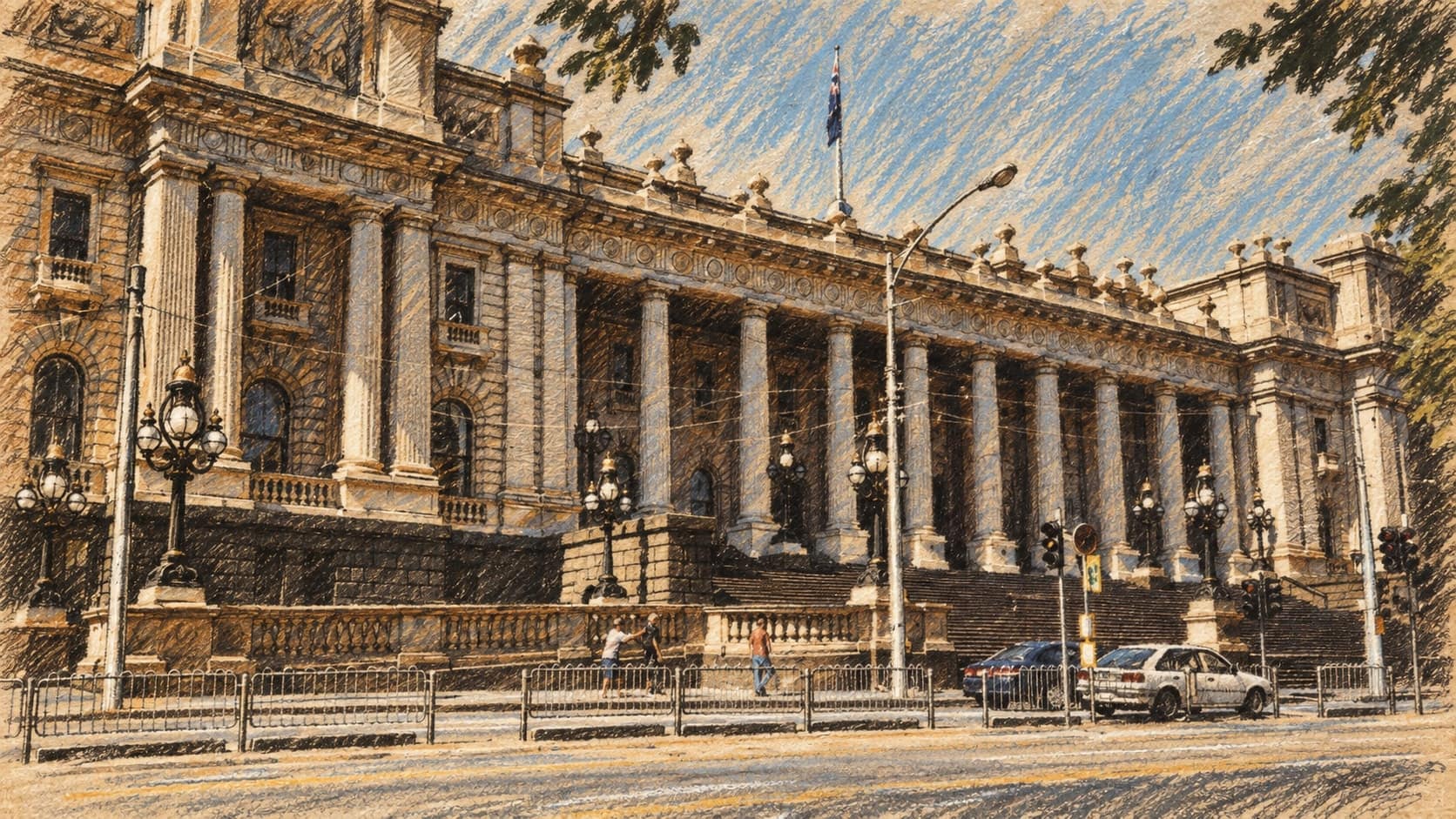 Courtroom-sketch editorial illustration of an archival contextual street view of Parliament House in Melbourne; it does not depict Tim Read or the September 2026 announcement of his death, rendered in warm ochre and slate-blue pastel strokes.
