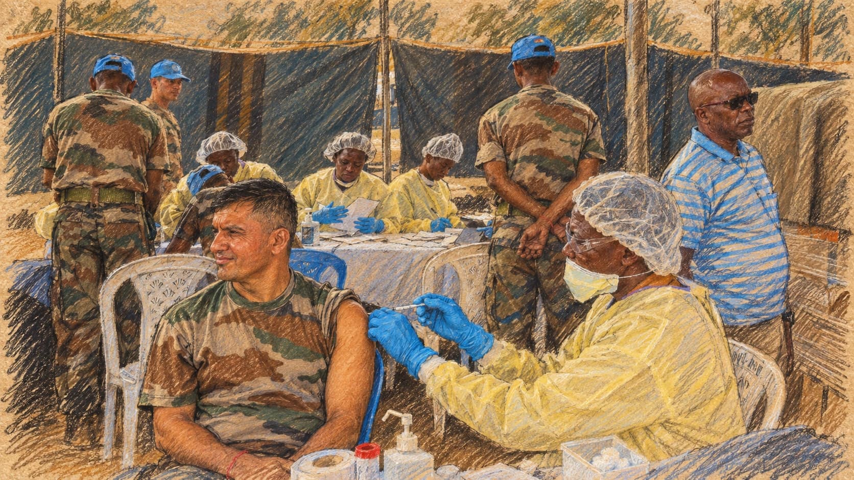 Courtroom-sketch editorial illustration of an Indian peacekeeper receiving an Ebola vaccination from a health worker at a field clinic in Pinga, North Kivu, in an archival 2019 scene that does not depict the September 2026 MSF study, rendered in warm ochre and slate-blue pastel strokes.