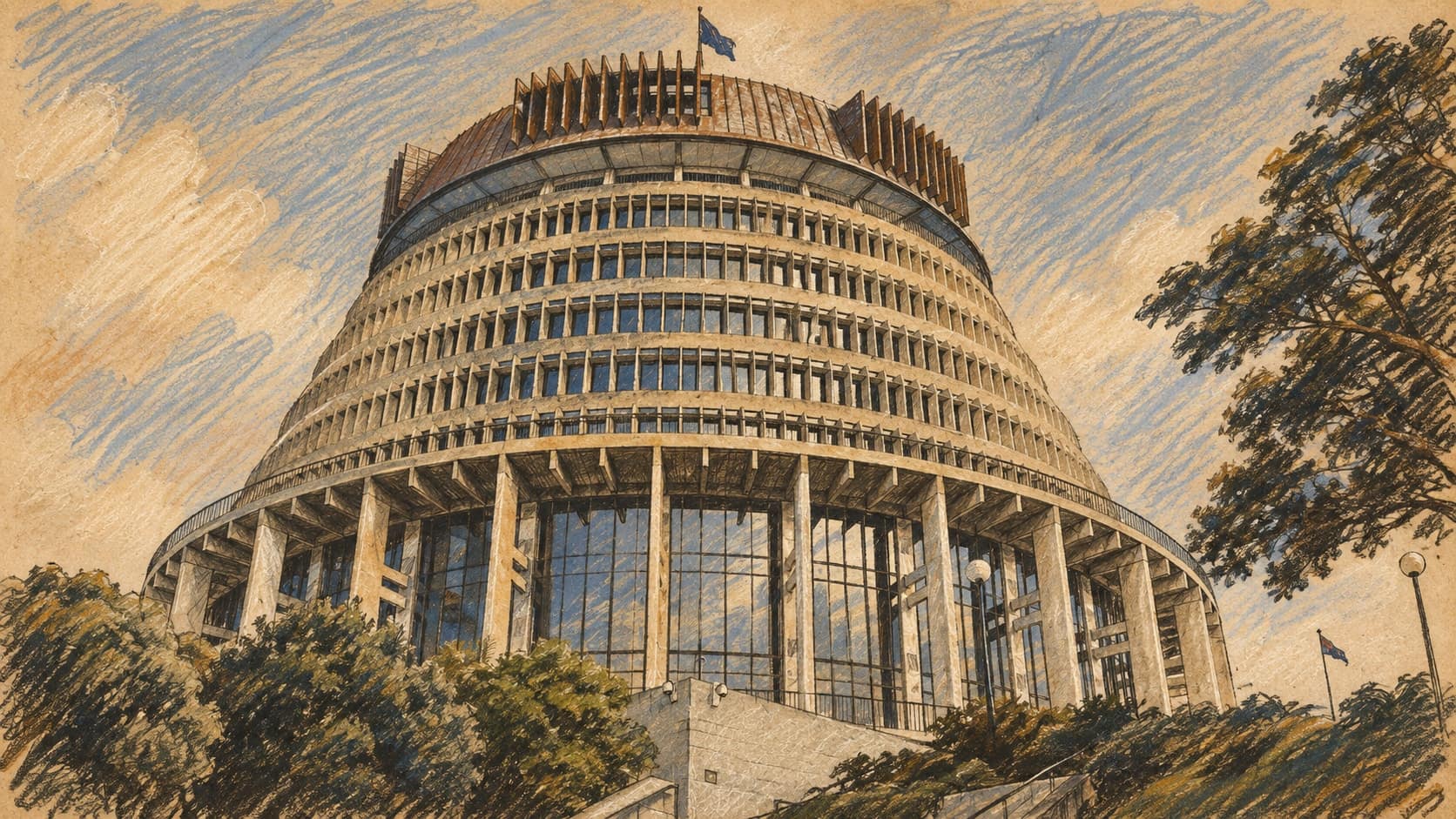 Courtroom-sketch editorial illustration of an archival contextual low-angle exterior view of the Beehive executive wing in Wellington, framed by trees and open sky; it does not depict the September 2026 Auckland march, rendered in warm ochre and slate-blue pastel strokes.
