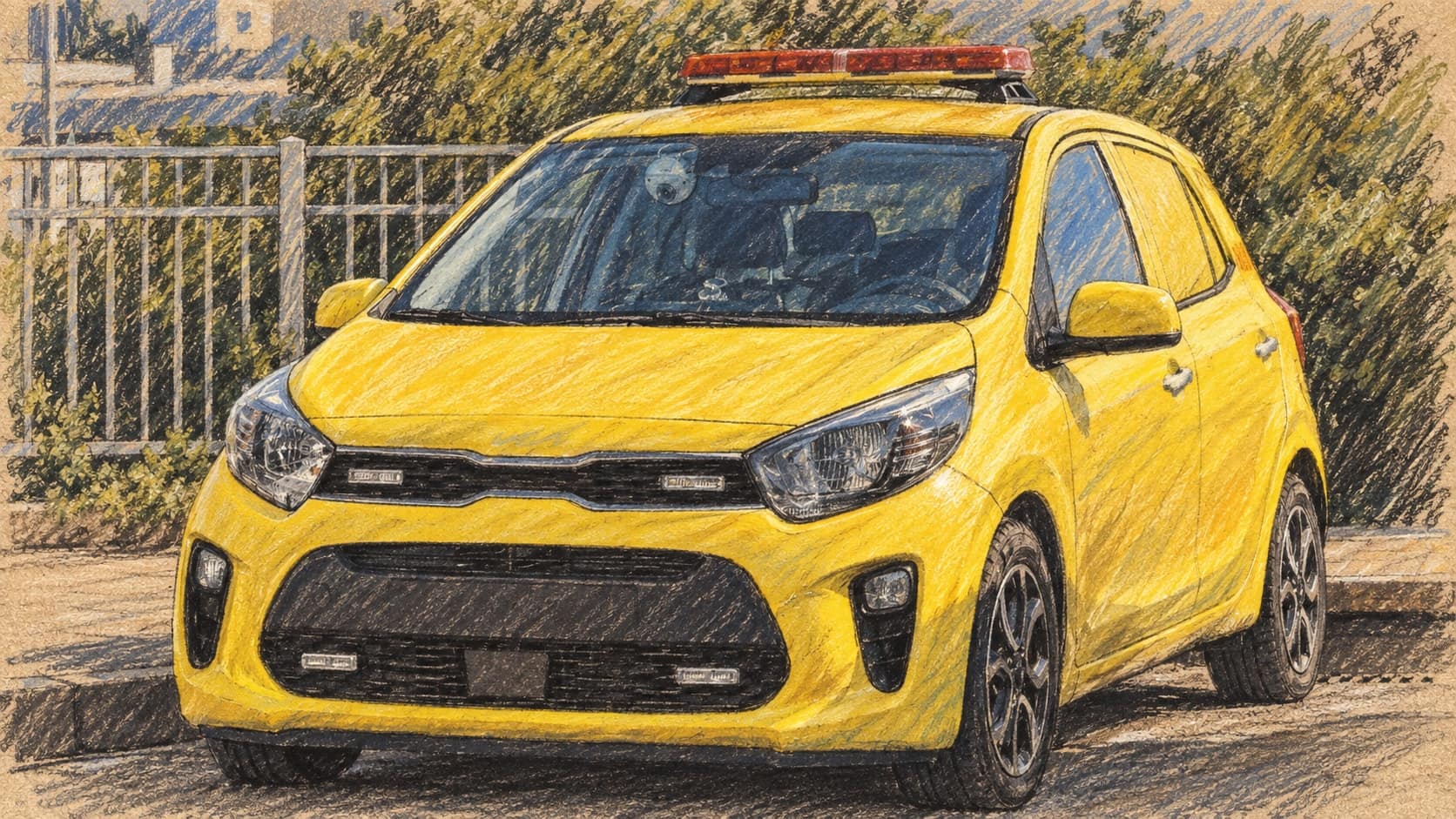 Courtroom-sketch editorial illustration of an archival Magen David Adom rapid-response car parked curbside in daylight; it does not depict the reported Yom Kippur responses, rendered in warm ochre and slate-blue pastel strokes.