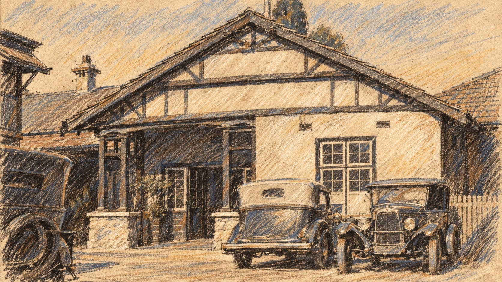 Courtroom-sketch editorial illustration of the Australian Broadcasting Commission's Perth studio building and three parked cars in an archival 1937 view; it does not depict the 2026 ombudsman investigation, rendered in warm ochre and slate-blue pastel strokes.