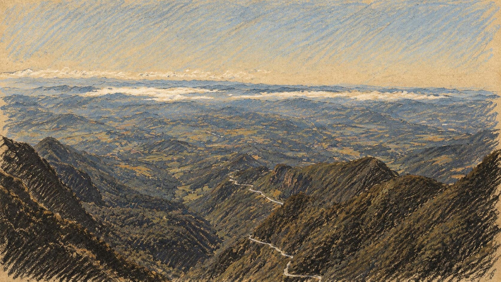 Courtroom-sketch editorial illustration of an archival landscape view over Serra do Rio do Rastro in Santa Catarina, with mountains and a winding road; it is contextual scenery from the state and does not depict the helicopter crash site or wreckage, rendered in warm ochre and slate-blue pastel strokes.
