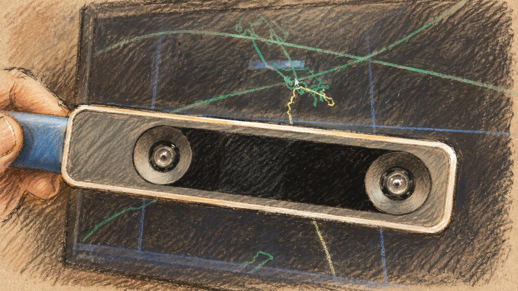 Courtroom-sketch editorial illustration of an archival RealSense depth camera before a tracking display; contextual product imagery that does not depict the 2026 acquisition agreement, rendered in warm ochre and slate-blue pastel strokes.