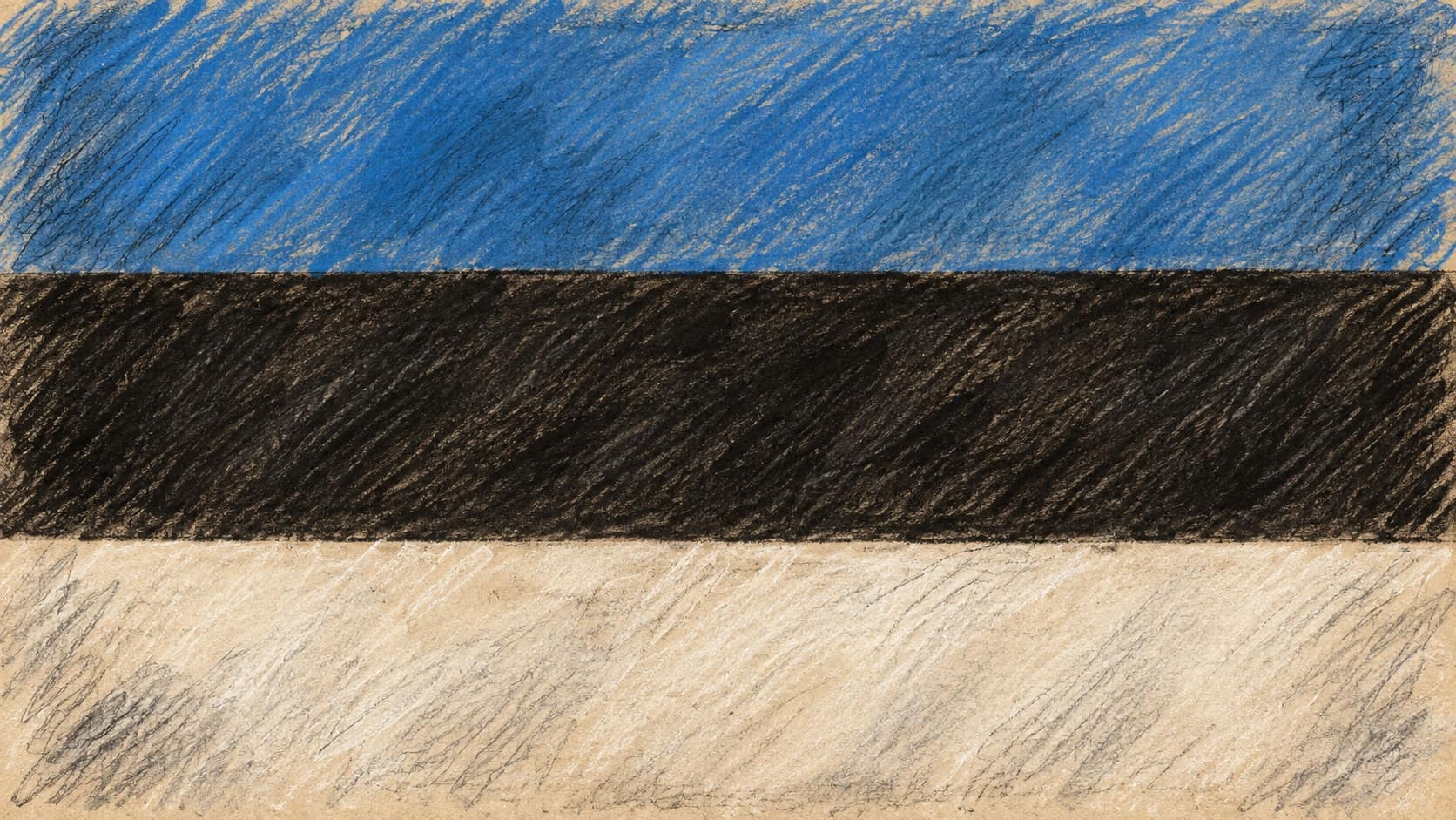 Courtroom-sketch editorial illustration of the Estonian national flag in blue, black and white horizontal bands; symbolic context that does not depict the sanctions announcement, rendered in warm ochre and slate-blue pastel strokes.