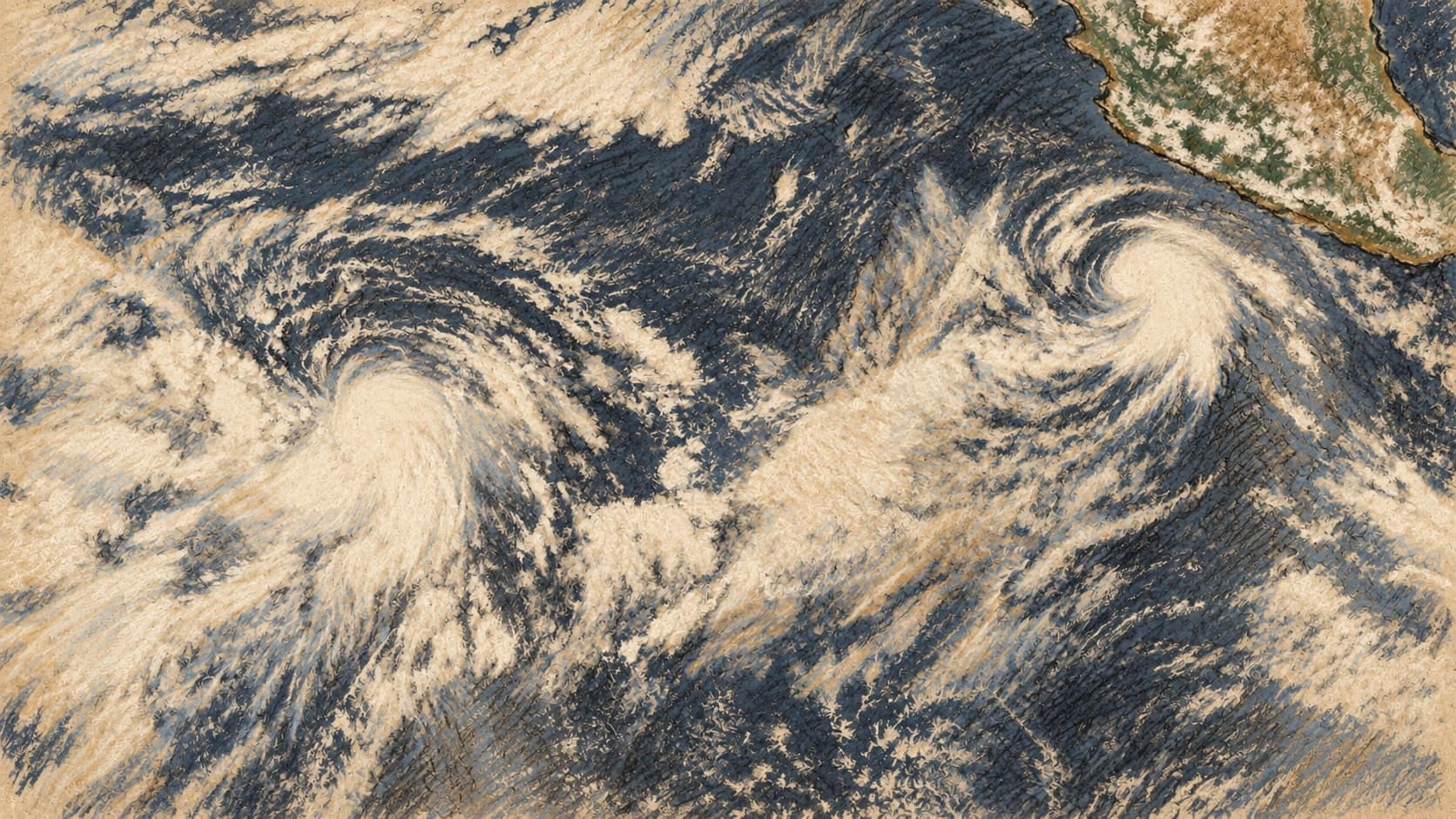 Courtroom-sketch editorial illustration based on a NOAA September 20 satellite image of Tropical Storm Odalys at left and developing Polo near Mexico at right; it does not depict Polo's September 22 peak winds, rendered in warm ochre and slate-blue pastel strokes.