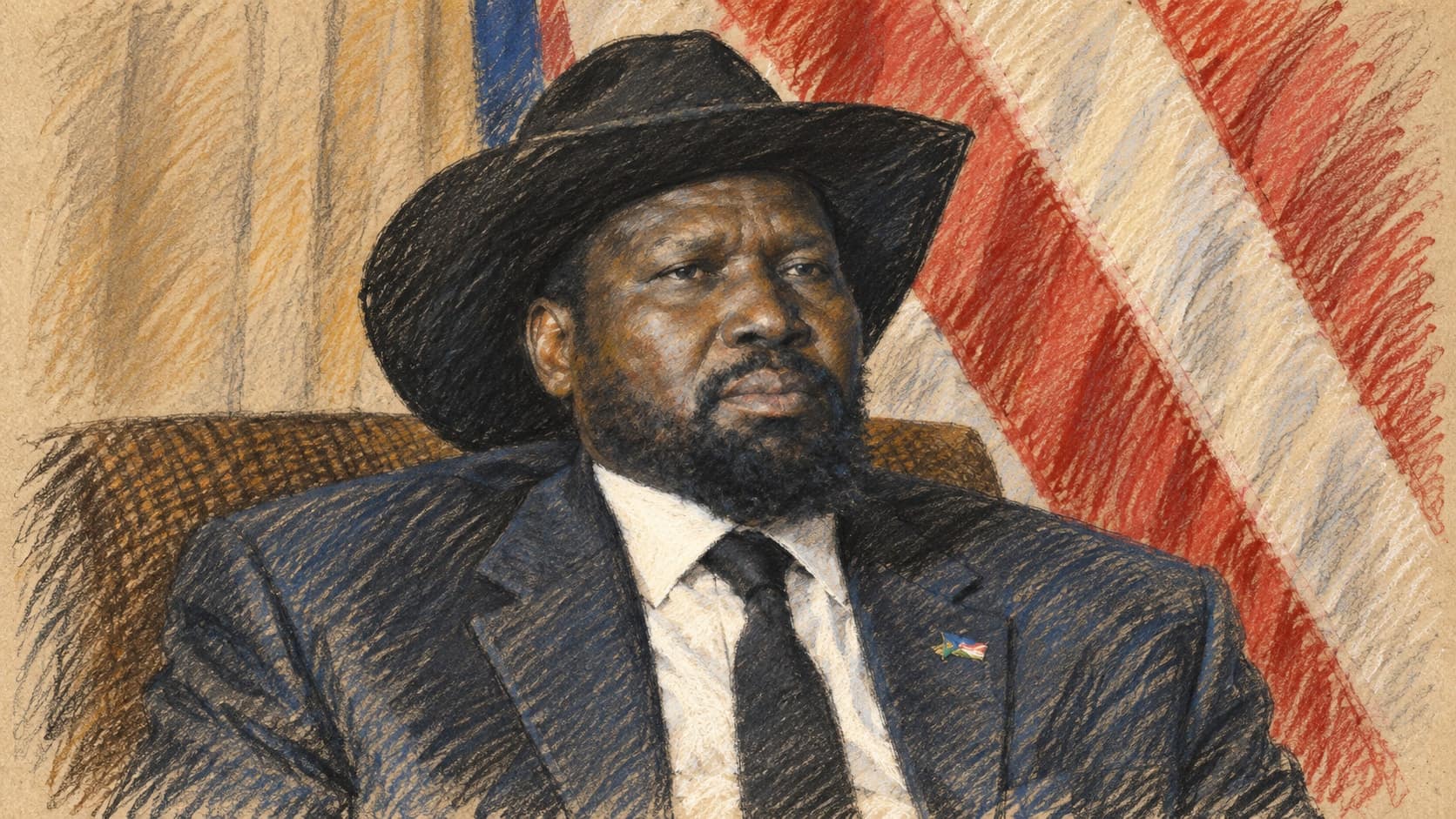 Courtroom-sketch editorial illustration of South Sudan President Salva Kiir seated in an archival 2014 portrait; it does not depict the September 2026 dissolution, rendered in warm ochre and slate-blue pastel strokes.