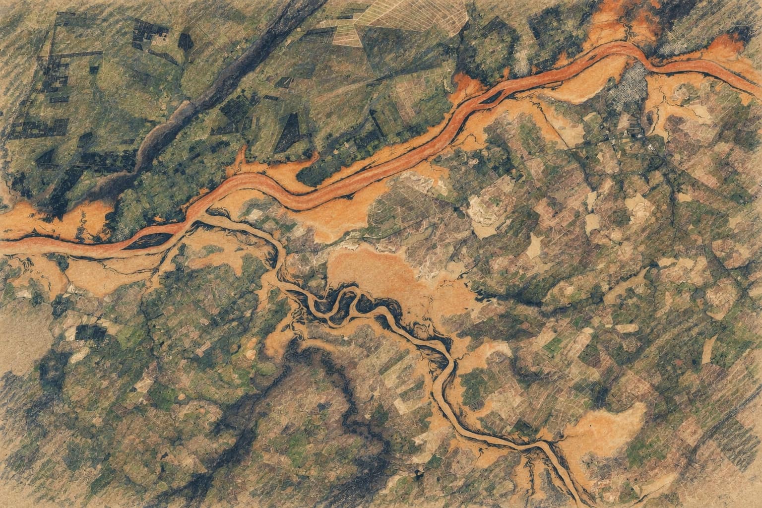Courtroom-sketch editorial illustration of a swollen river winding through fields in Rio Grande do Sul; archival aerial context from June 2025 that does not depict the September 2026 storms, rendered in warm ochre and slate-blue pastel strokes.