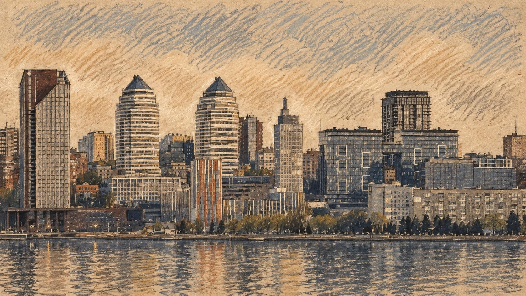 Courtroom-sketch editorial illustration of the Dnipro skyline across the river in an archival 2025 view; it does not depict the reported September 2026 attack, rendered in warm ochre and slate-blue pastel strokes.