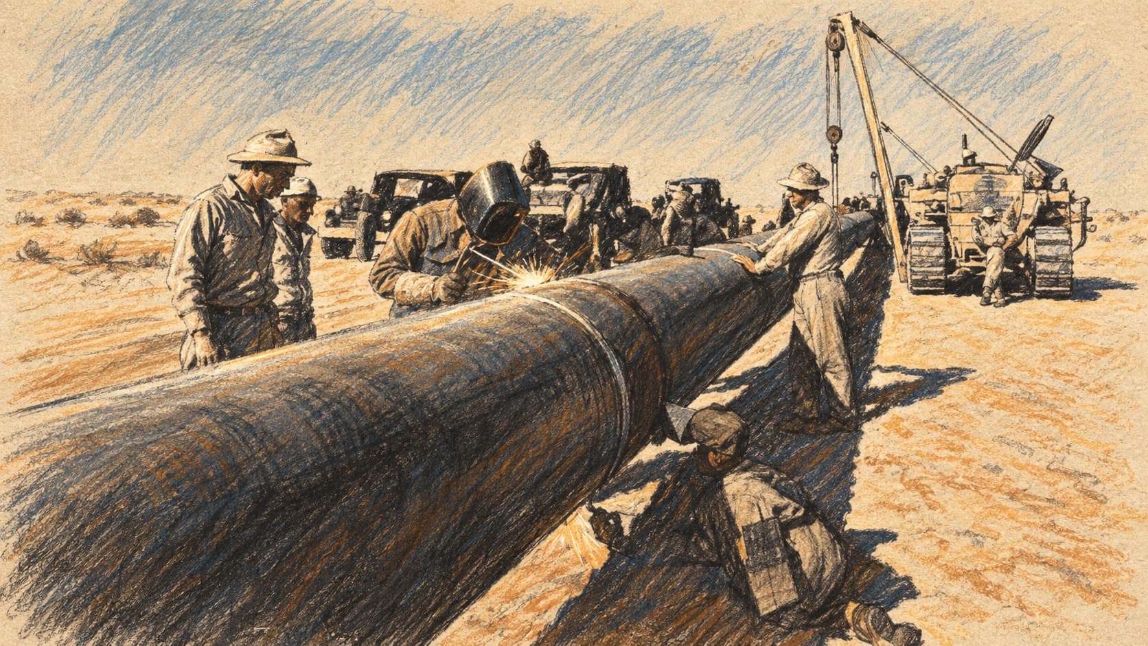 Courtroom-sketch editorial illustration of workers welding a large steel oil pipeline in an archival 1949 Saudi desert scene; it does not depict the September 2026 East–West pipeline restart or drone attack, rendered in warm ochre and slate-blue pastel strokes.