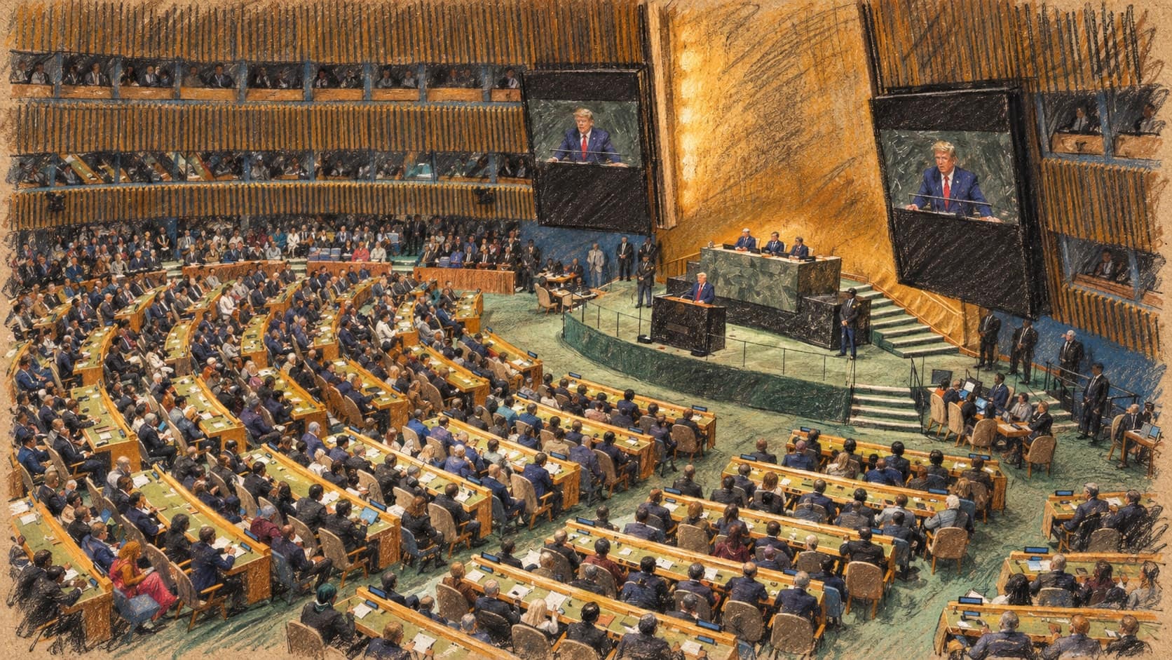 Courtroom-sketch editorial illustration of President Trump addressing the UN General Assembly on September 22, with delegates seated in the chamber; contextual art that does not depict the reported U.S.-Iranian envoy meeting, rendered in warm ochre and slate-blue pastel strokes.