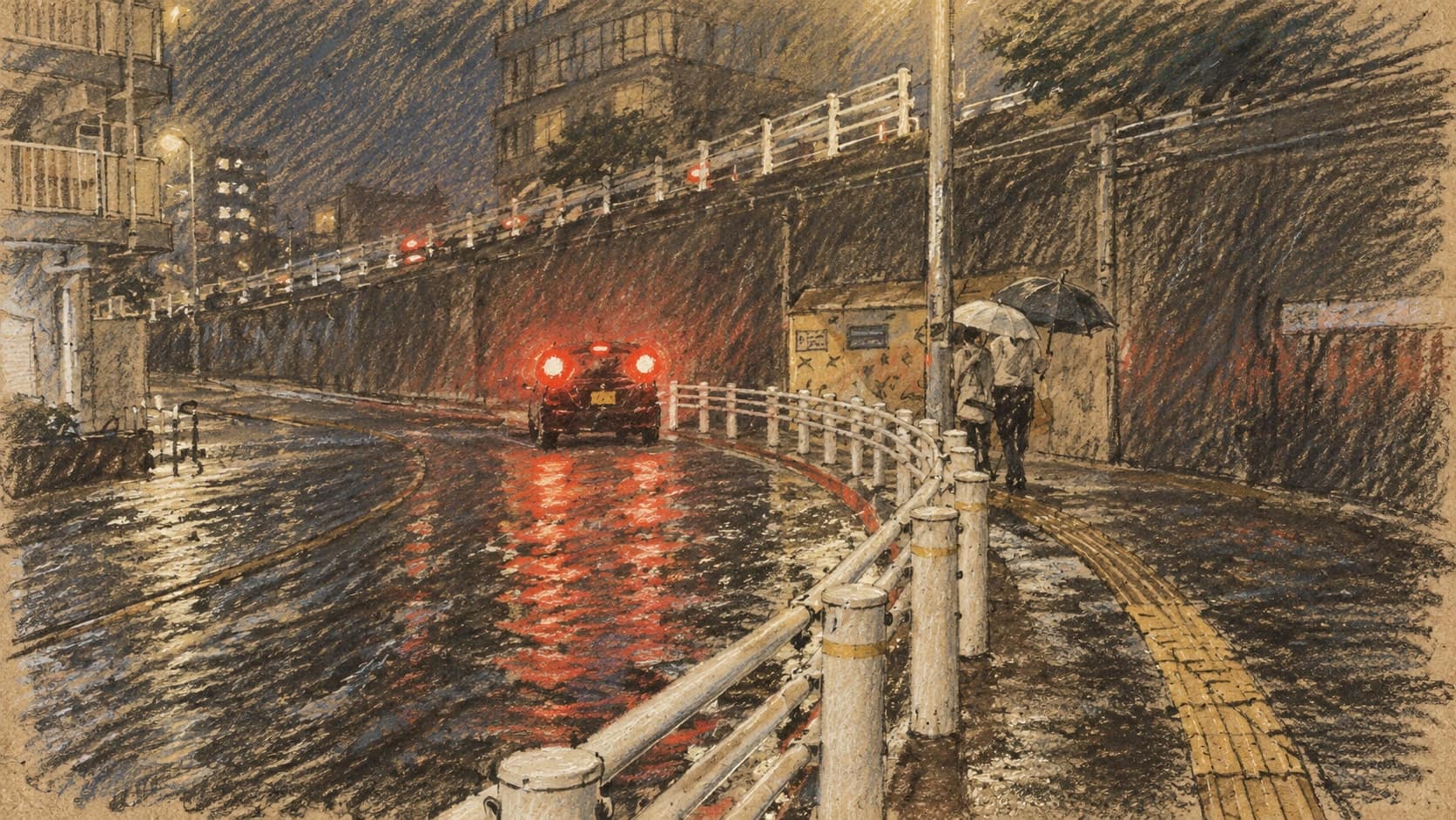 Courtroom-sketch editorial illustration of an archival August 2026 rain-swollen nighttime street in Chiba City, with a car, white roadside railings and two pedestrians under umbrellas; it does not depict Typhoon Dujuan or the reported September 2026 casualties, rendered in warm ochre and slate-blue pastel strokes.