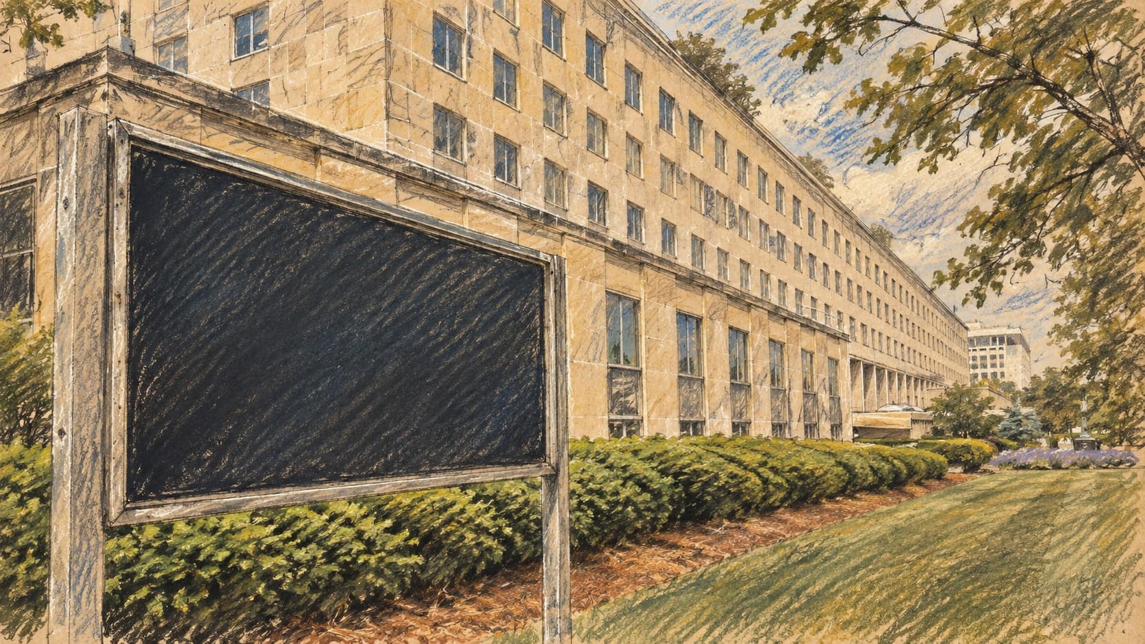 Courtroom-sketch editorial illustration of the U.S. State Department building and its roadside sign in Washington, D.C.; archival institutional context from 2024, not the 2026 refugee-admissions proposal, rendered in warm ochre and slate-blue pastel strokes.