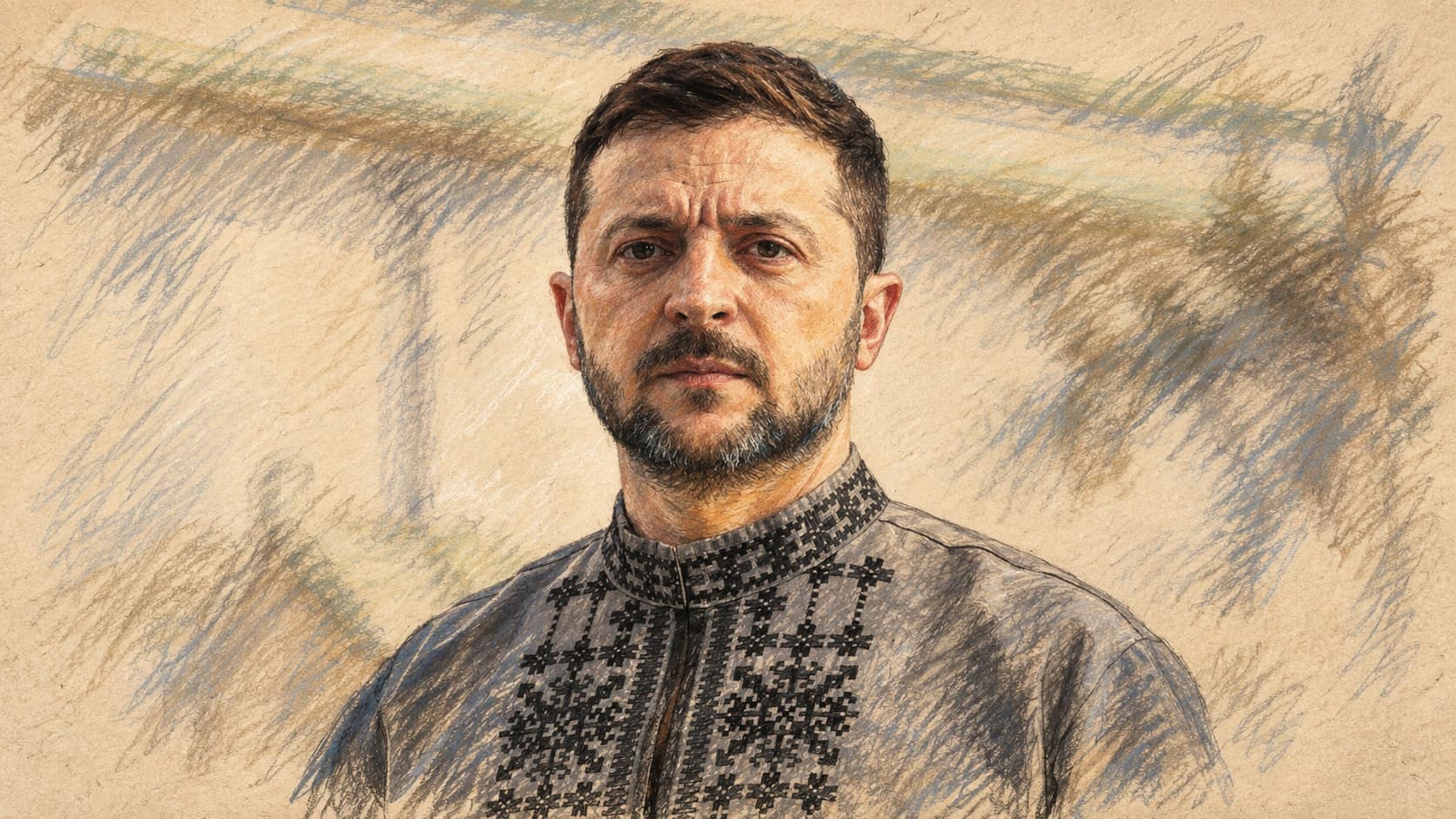 Courtroom-sketch editorial illustration of Volodymyr Zelenskyy facing the camera in an embroidered shirt; archival portrait context from April 2025, not the September 2026 IMF meeting, rendered in warm ochre and slate-blue pastel strokes.