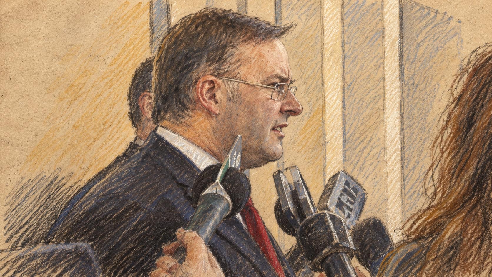 Courtroom-sketch editorial illustration of Anthony Albanese speaking to microphones; archival portrait context from 2005, not the September 2026 digital duty of care exchange, rendered in warm ochre and slate-blue pastel strokes.